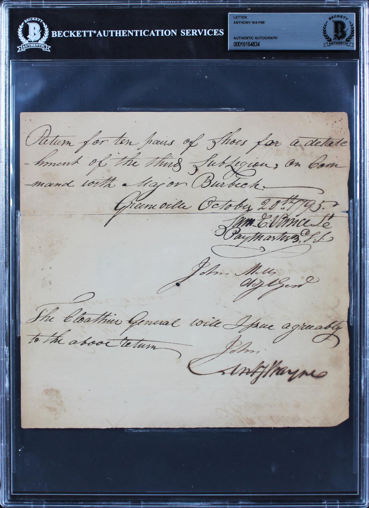 Anthony Wayne Authentic Signed 7.5x7.75 1795 Requisition Document BAS Slabbed