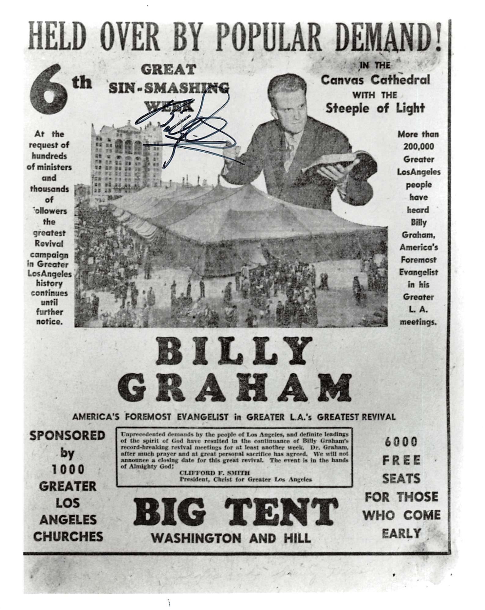 Billy Graham Authentic Signed 8x10 Revival Advertising Photo BAS #AD05000