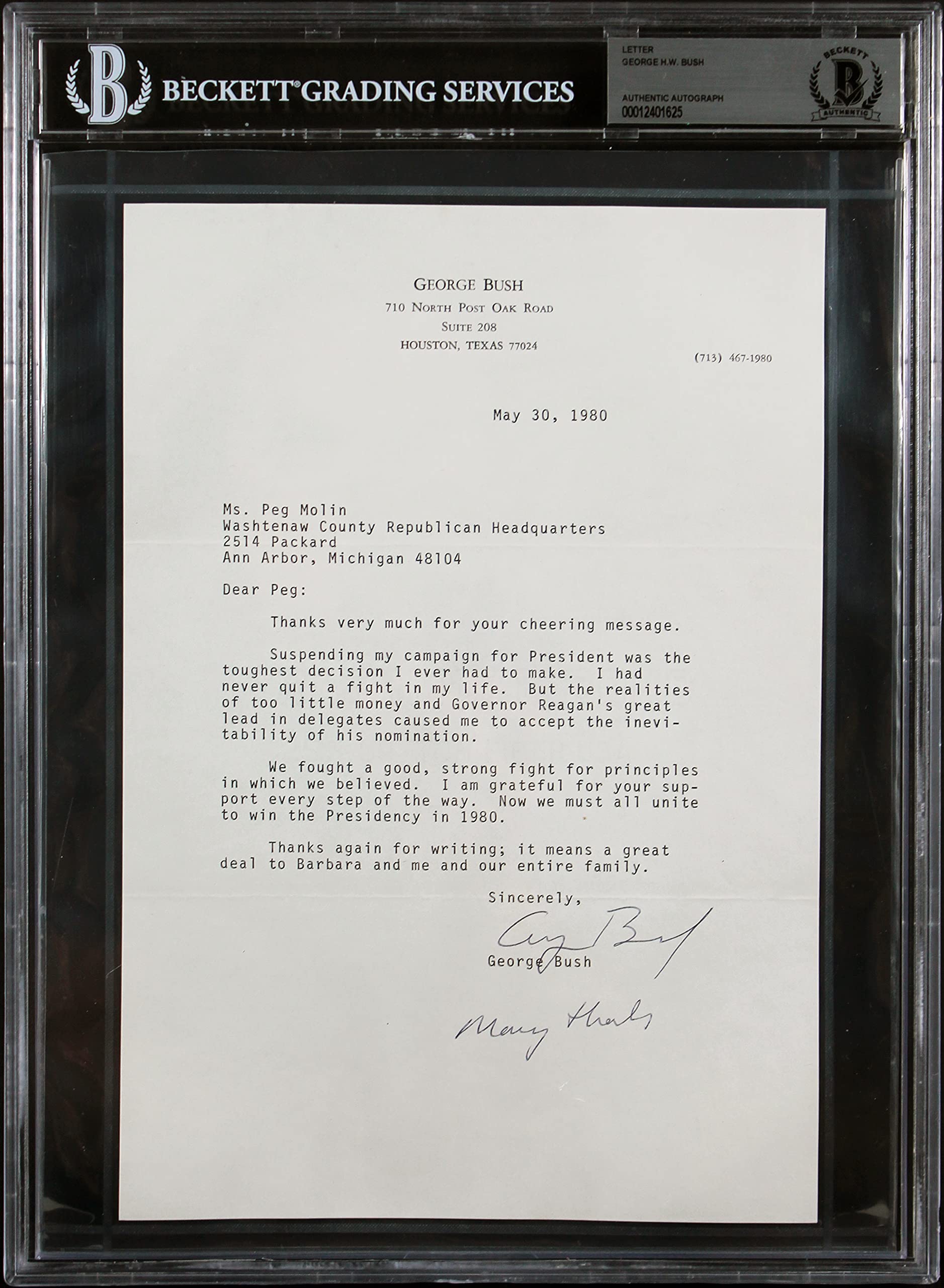 George H.W. Bush "Many Thanks" Authentic Signed 7x10.5 1980 Letter BAS Slabbed