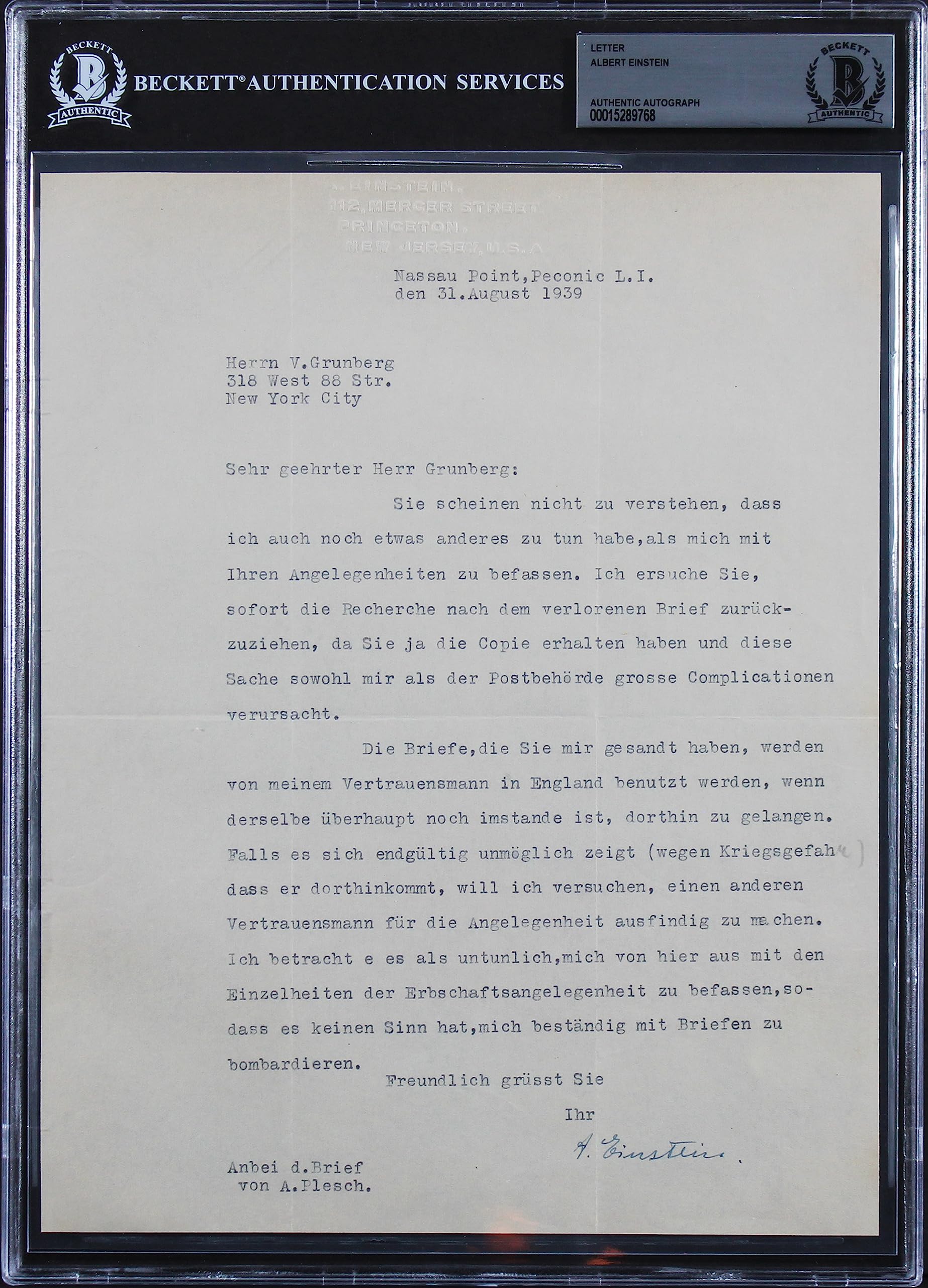 Albert Einstein Authentic Signed 8x10 1939 Typed Letter BAS Slabbed