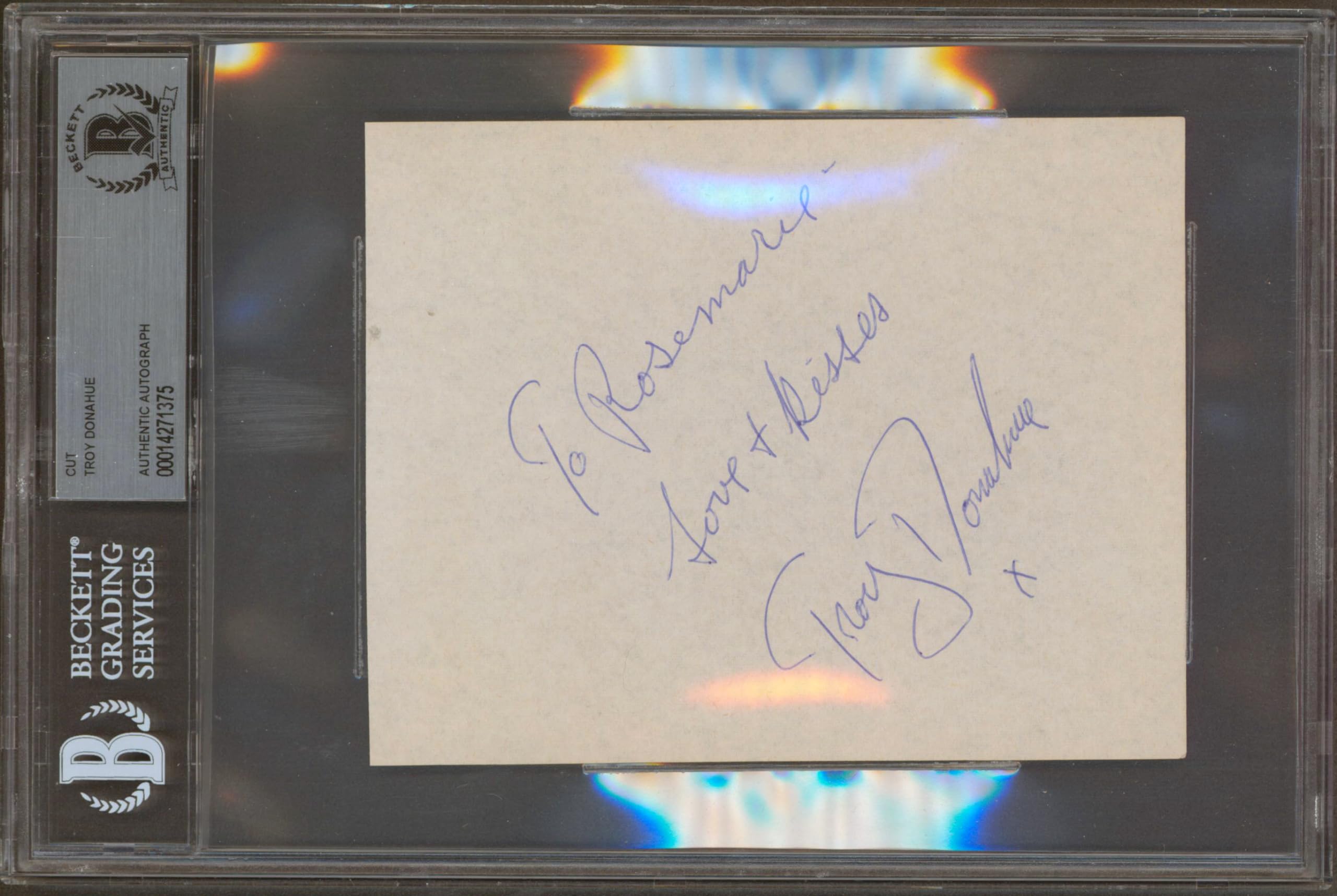 Troy Donahue A Summer Place "Love & Kisses" Signed 4.5x5.5 Cut Sig BAS Slabbed