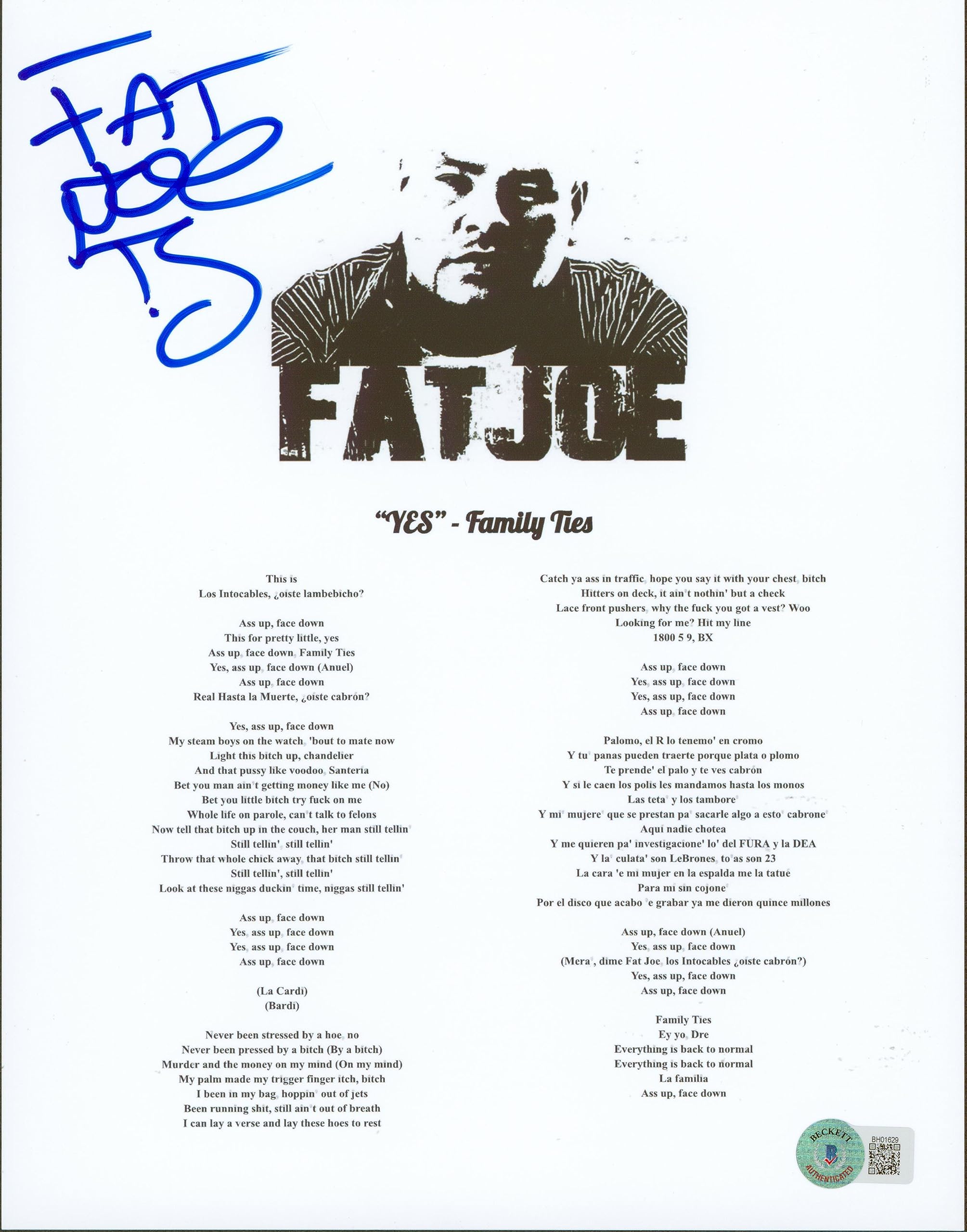 Fat Joe Authentic Signed 8.5x11 YES Music Sheet Photo BAS #BH01629