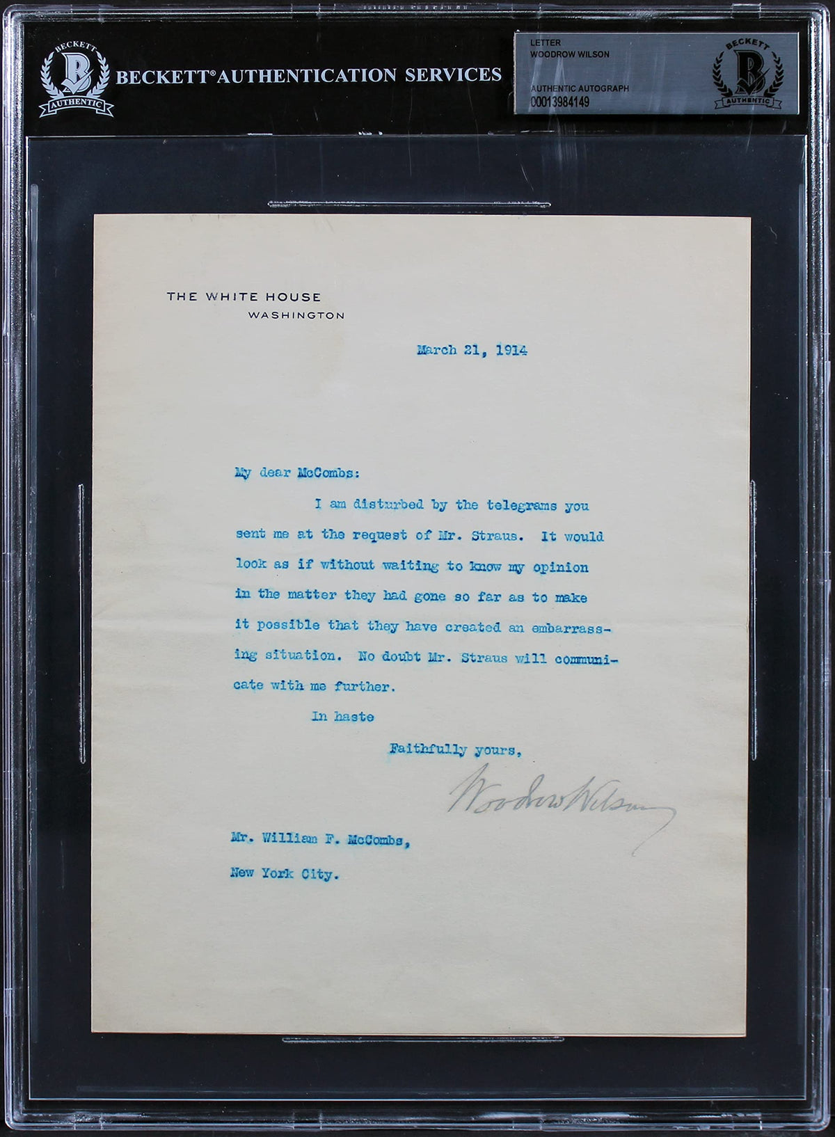Woodrow Wilson Signed 7x8.75 1914 Letter On White House Letterhead BAS Slab