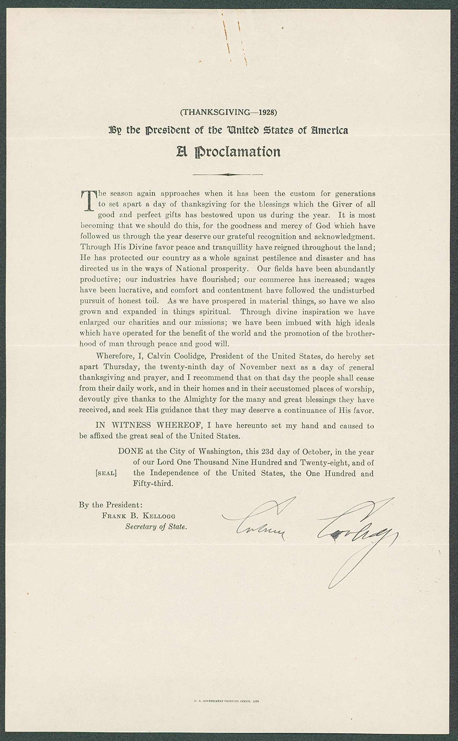 Calvin Coolidge Signed 8x13 1928 Thanksgiving Proclamation Document JSA #BB62326