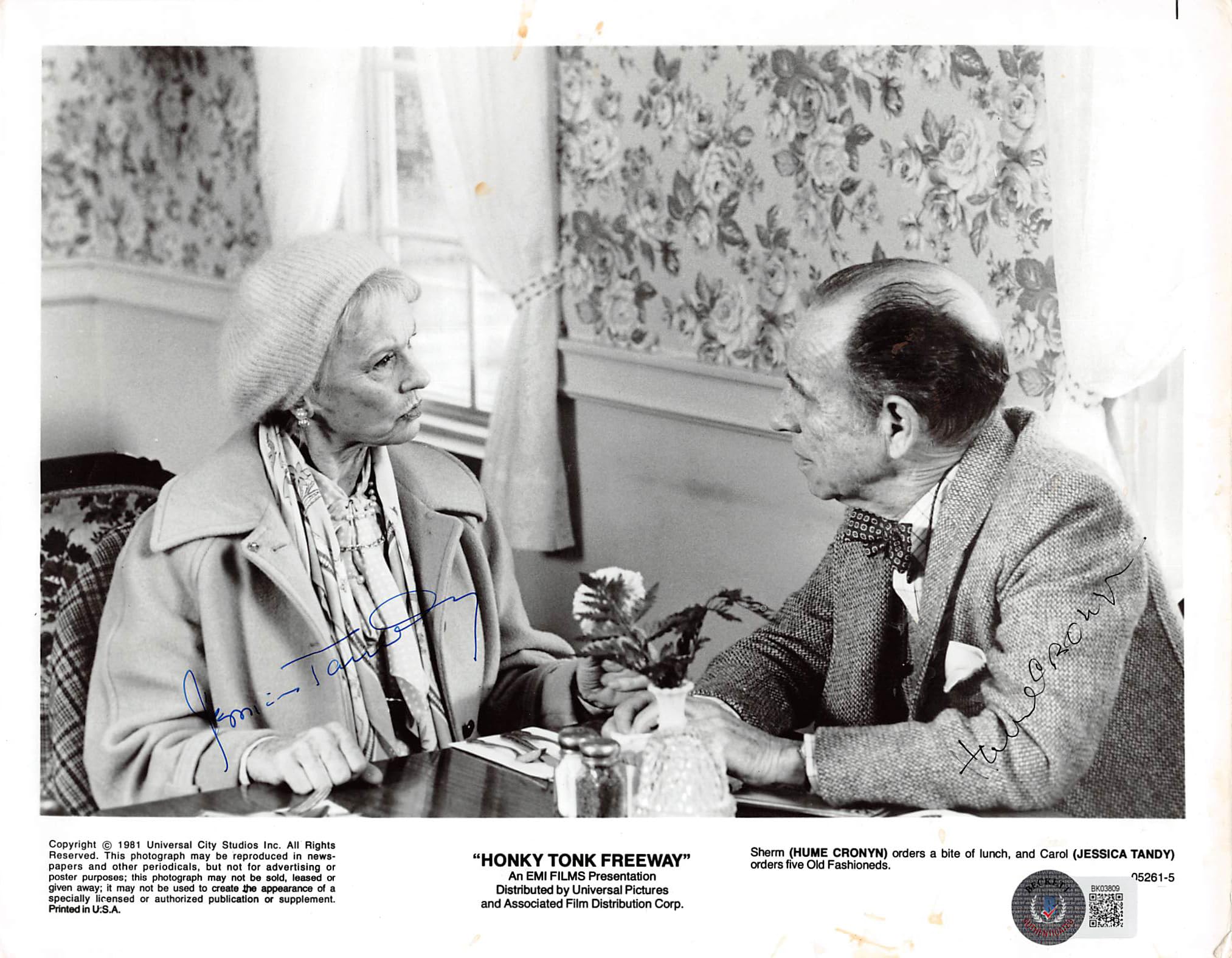 Jessica Tandy & Hume Cronyn Honky Tonk Freeway Signed 8x10 Photo BAS #BK03809
