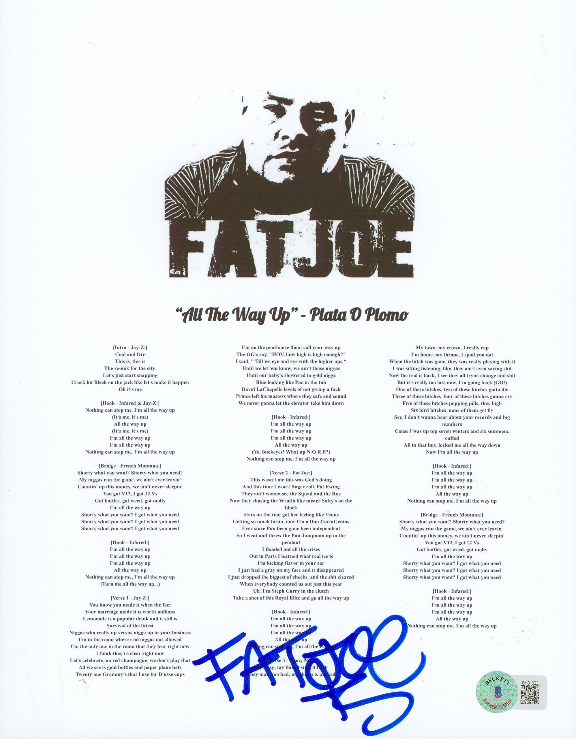 Fat Joe Authentic Signed 8.5x11 All The Way Up Music Sheet Photo BAS #BH01623
