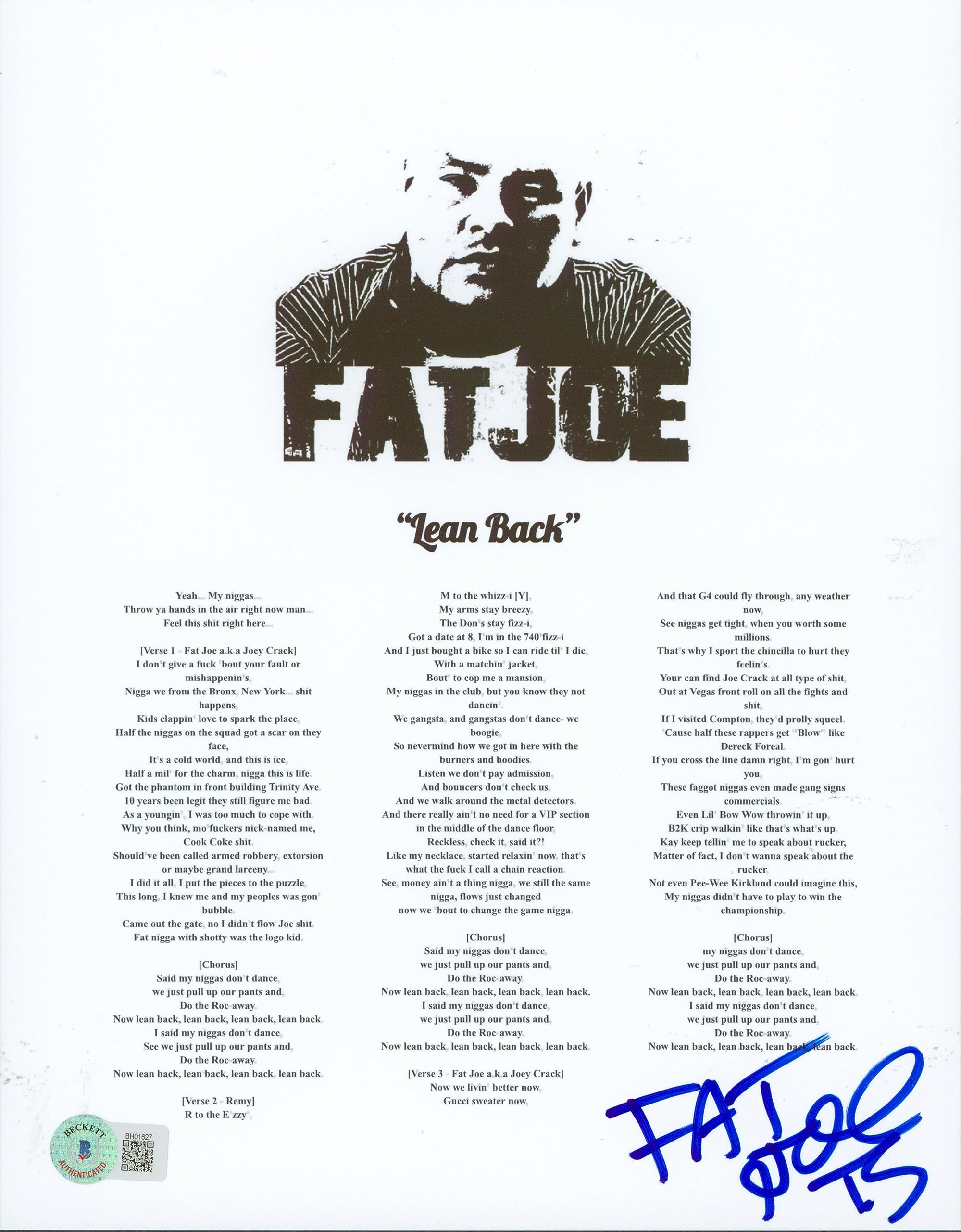Fat Joe Authentic Signed 8.5x11 Lean Back Music Sheet Photo BAS #BH01627