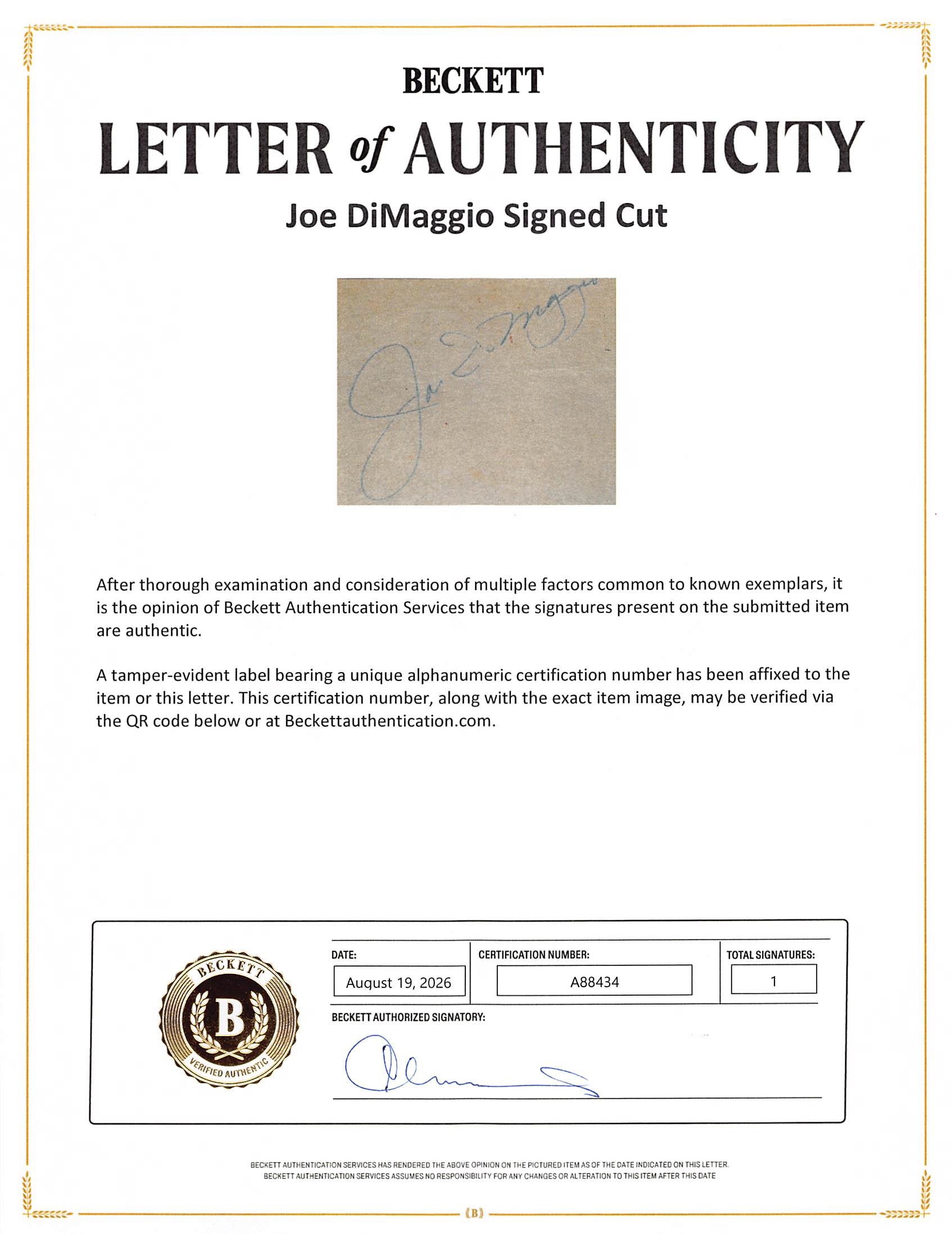 Yankees Joe DiMaggio Authentic Signed & Framed 2.5x3 Cut Signature BAS #A88434