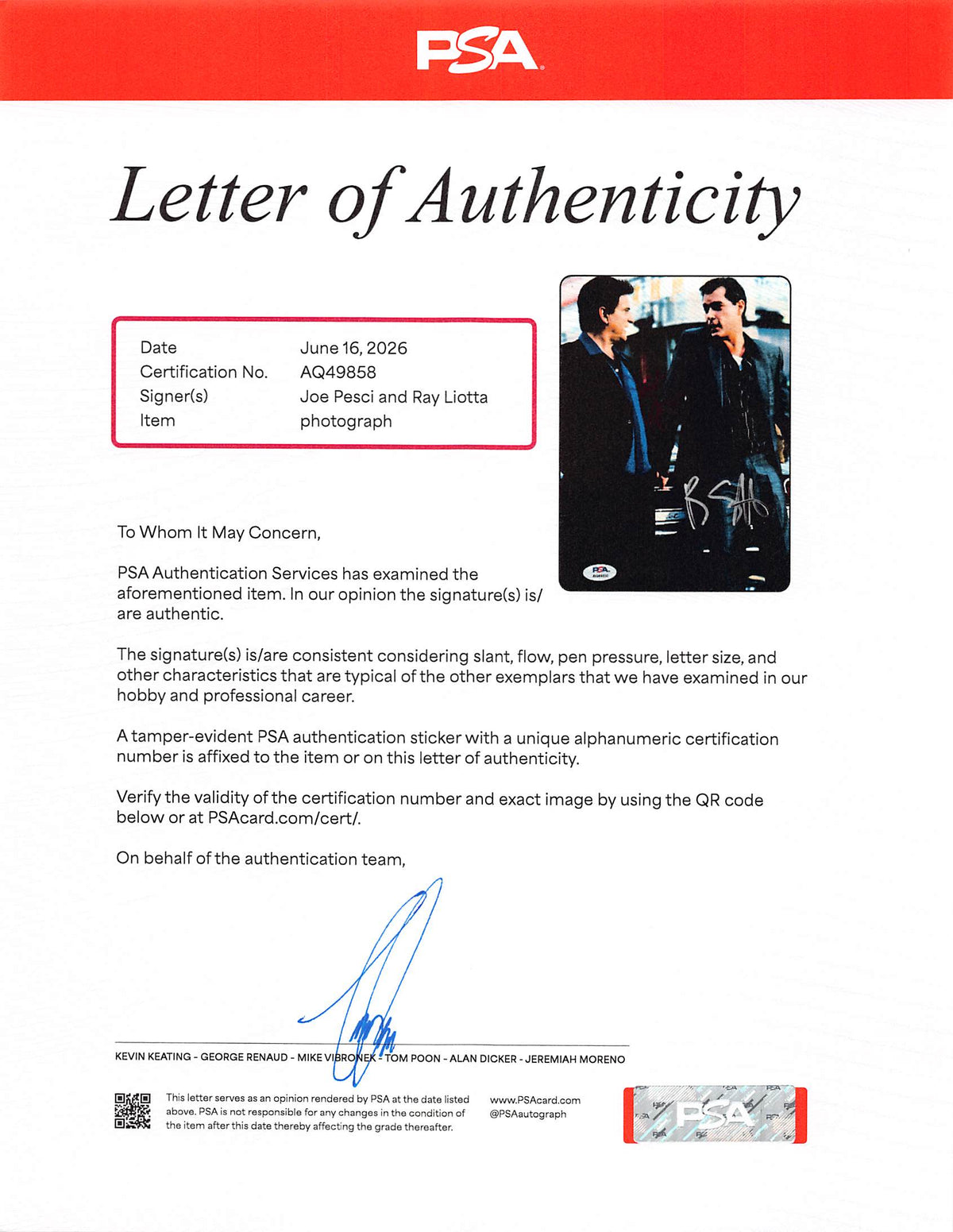 Joe Pesci & Ray Liotta Goodfellas Authentic Signed 8x10 Photo PSA/DNA #AQ49858