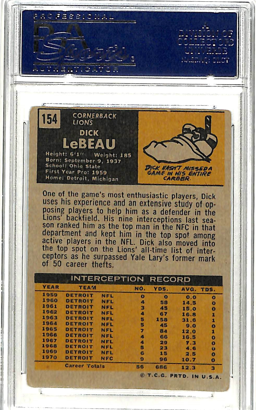 Lions Dick LeBeau Signed 1971 Topps #154 Auto Card PSA/DNA Slabbed #83500086