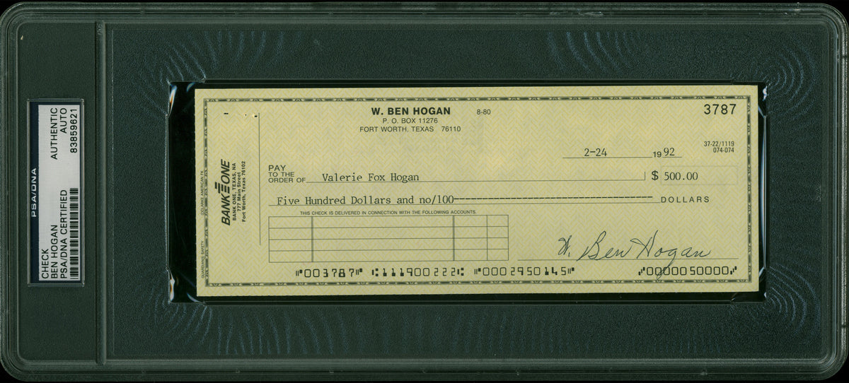 Ben Hogan Authentic Signed 3x8.25 Check Dated 2-24-1992 PSA/DNA Slabbed