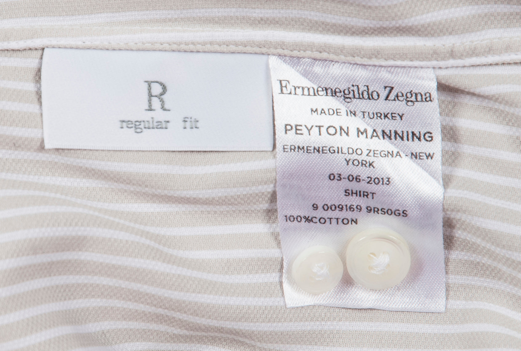 Broncos Peyton Manning '13 Press Conf Worn Zegna Custom Dress Shirt Photo Match