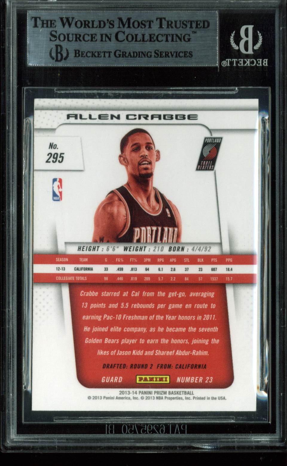 Grizzlies Allen Crabbe Signed Card 2013 Panini Prizm RC #295 BAS Slabbed