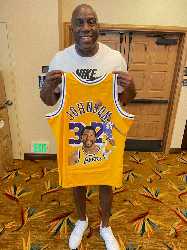 Magic Johnson Signed Hand Painted Yellow M&N HWC Swingman Framed Jersey BAS Wit