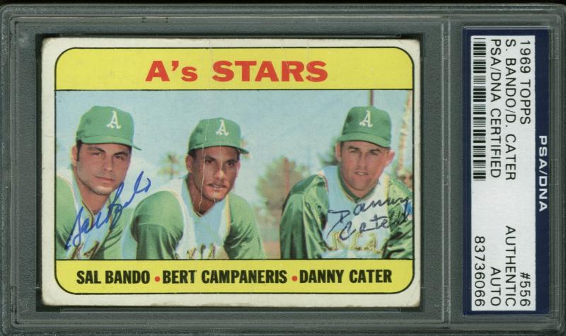 A'S Sal Bando & Danny Cater Authentic Signed Card 1969 Topps #556 PSA Slabbed