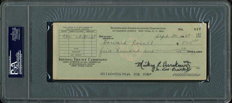 Howard Cosell Authentic Double Signed 3X8.25 Sept 30, 1969 Check PSA/DNA Slabbed