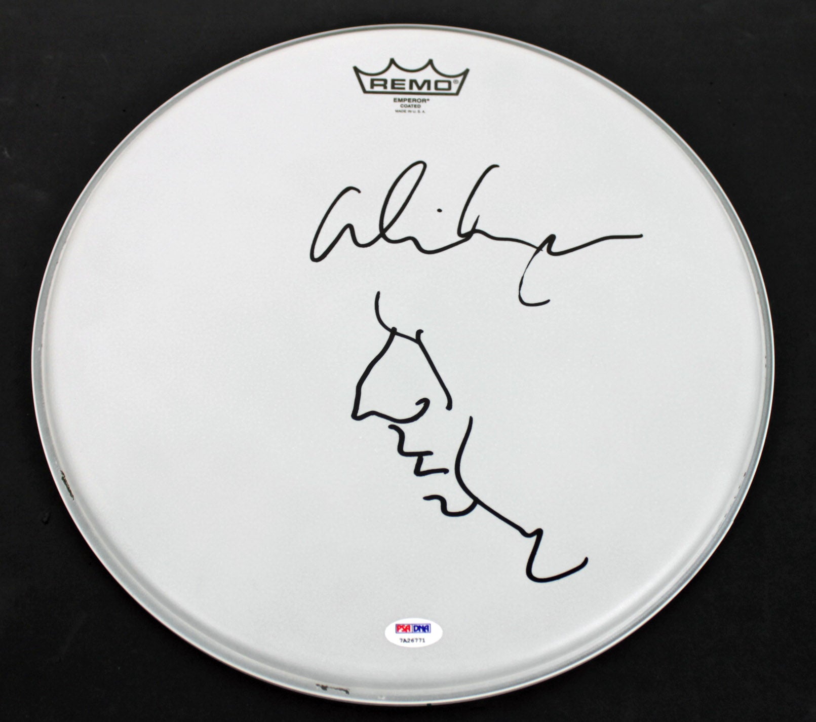 Alice Cooper Signed Drumhead w/ Hand Drawn Self Portrait Sketch PSA ITP #7A26771