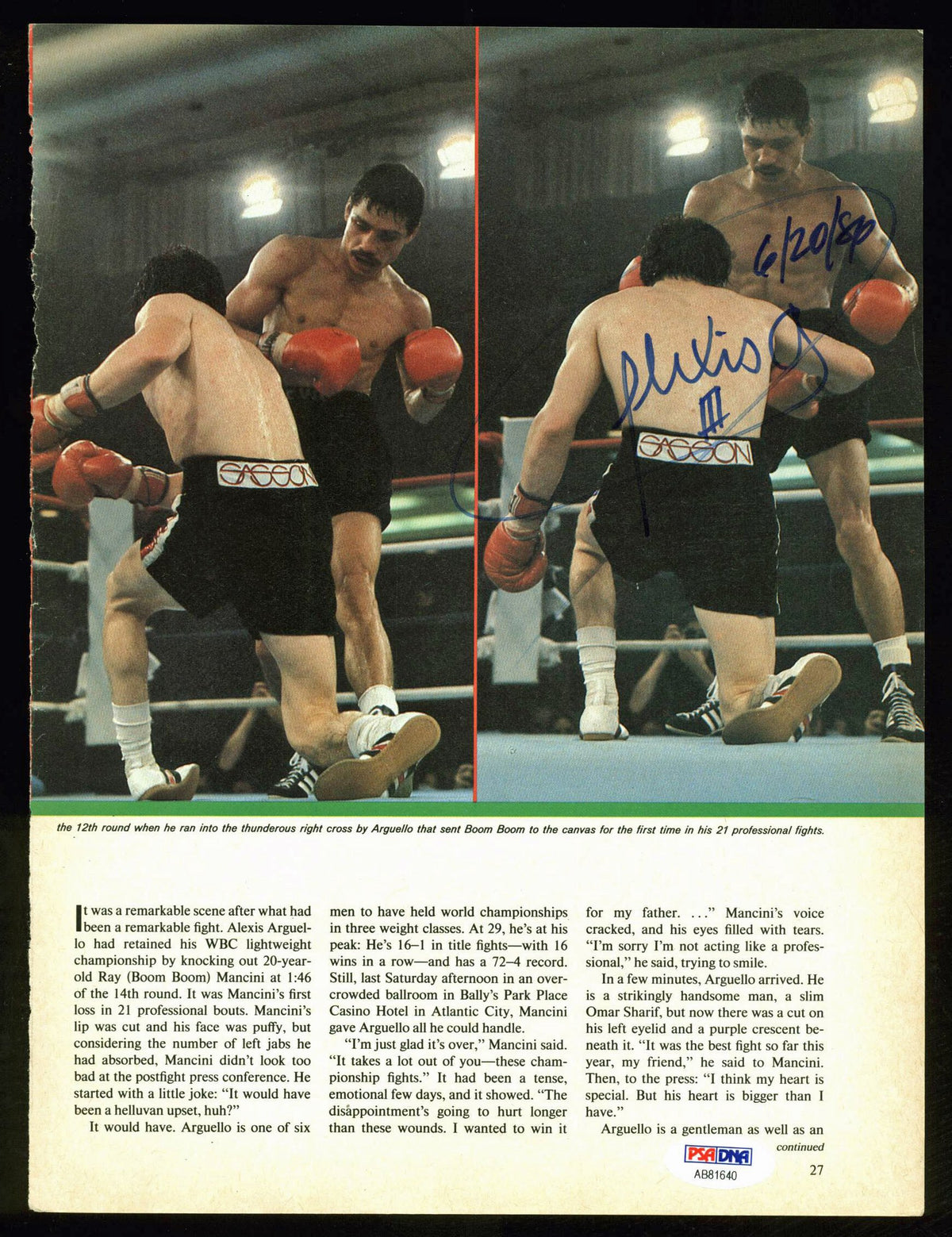 Alexis Arguello Authentic Signed Boxing Magazine Page Photo PSA/DNA #AB81640