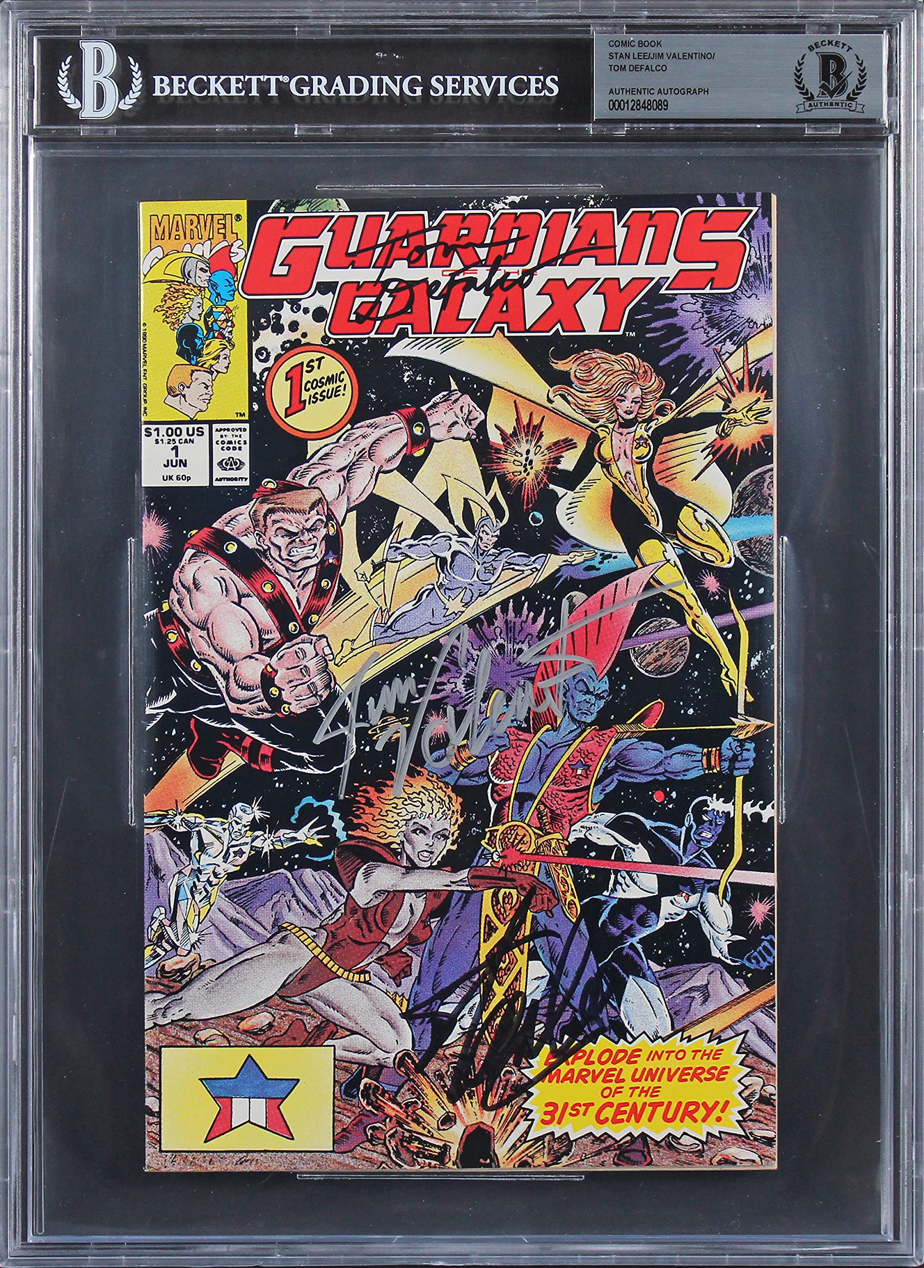 Stan Lee, Valentino & Defalco Signed Guardians Of The Galaxy #1 Comic BAS Slab