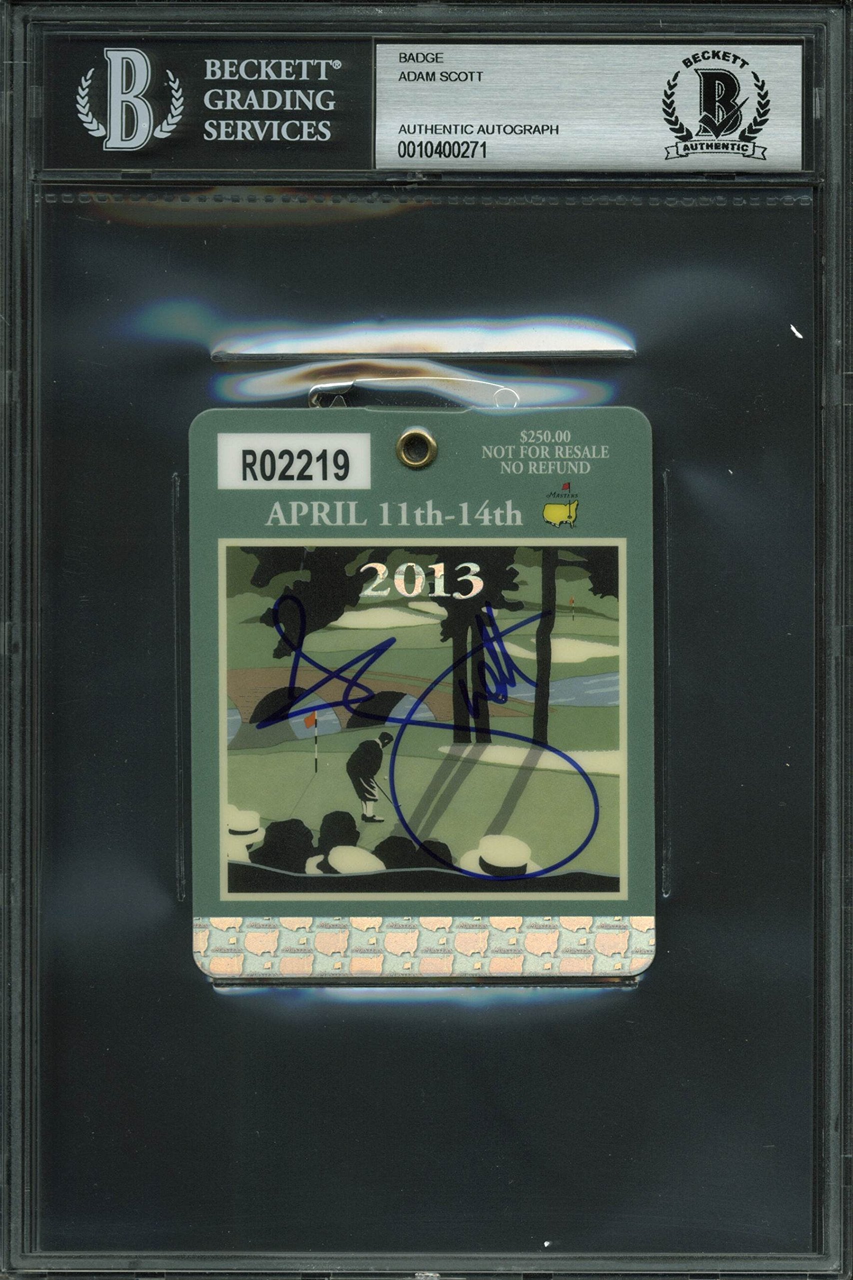 Adam Scott Signed 2013 Masters Augusta National Badge Signed In Blue BAS Slabbed