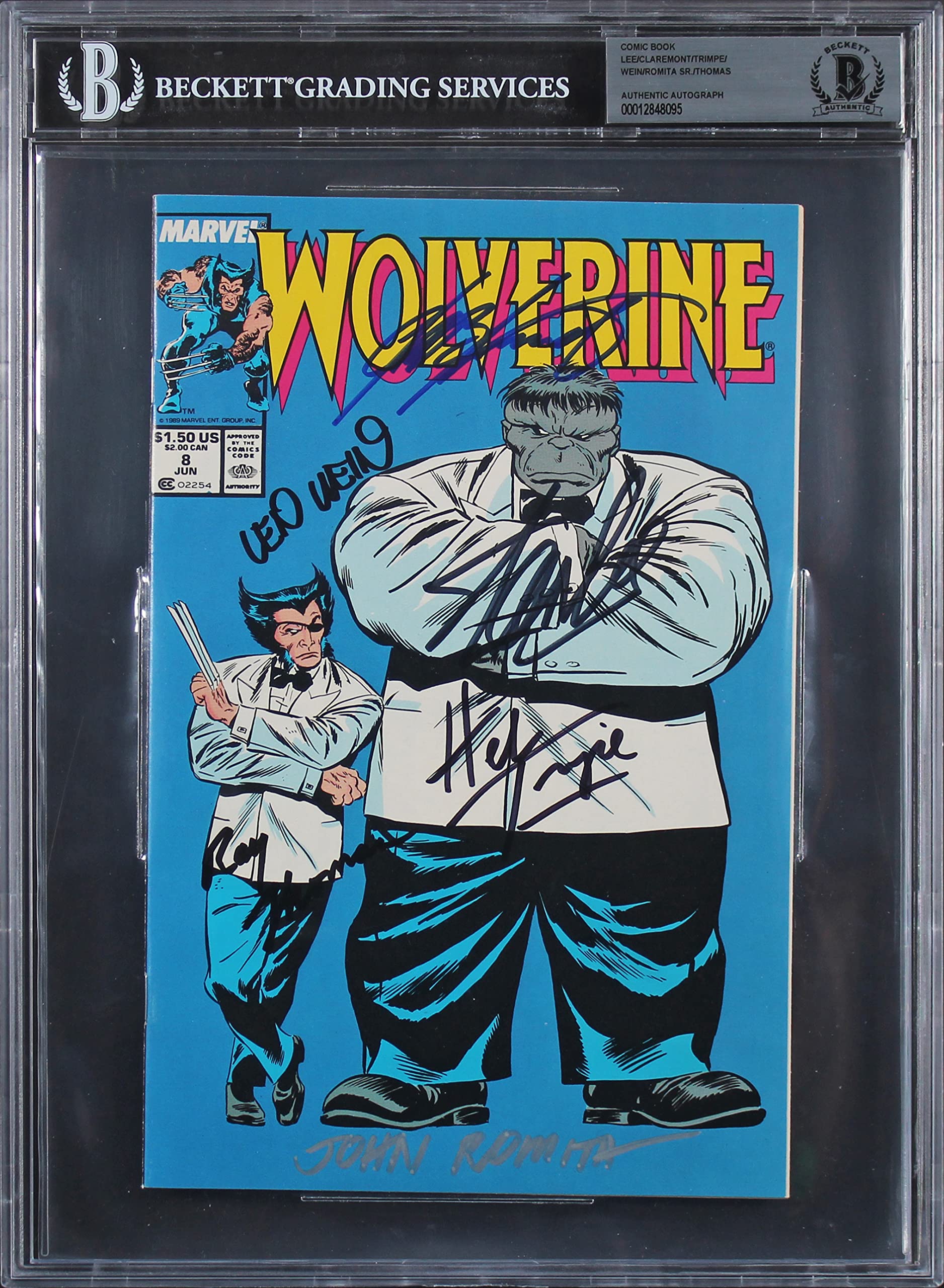 (3) Stan Lee, Claremont, Trimpe, Wein +2 Signed Wolverine #8 Comic BAS Slabbed