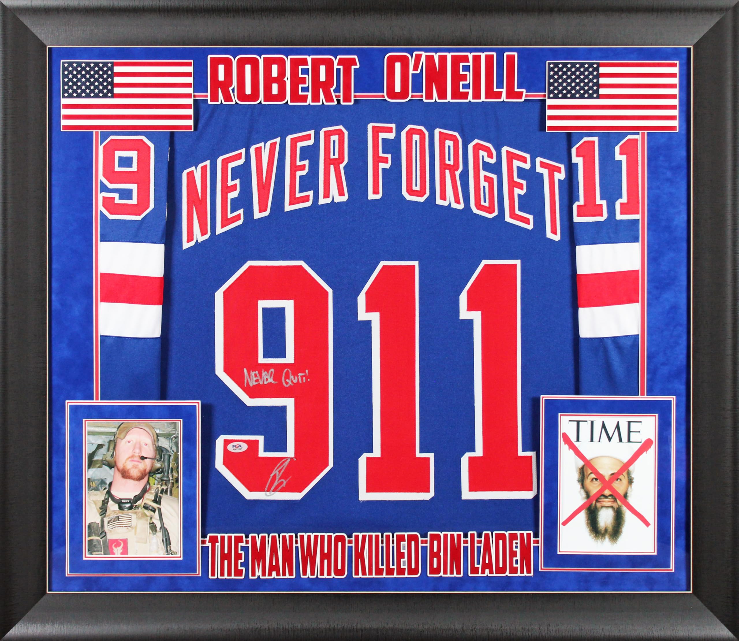 Robert O'Neil Signed Blue 9/11 Never Forget Framed Jersey PSA/DNA #AM73291