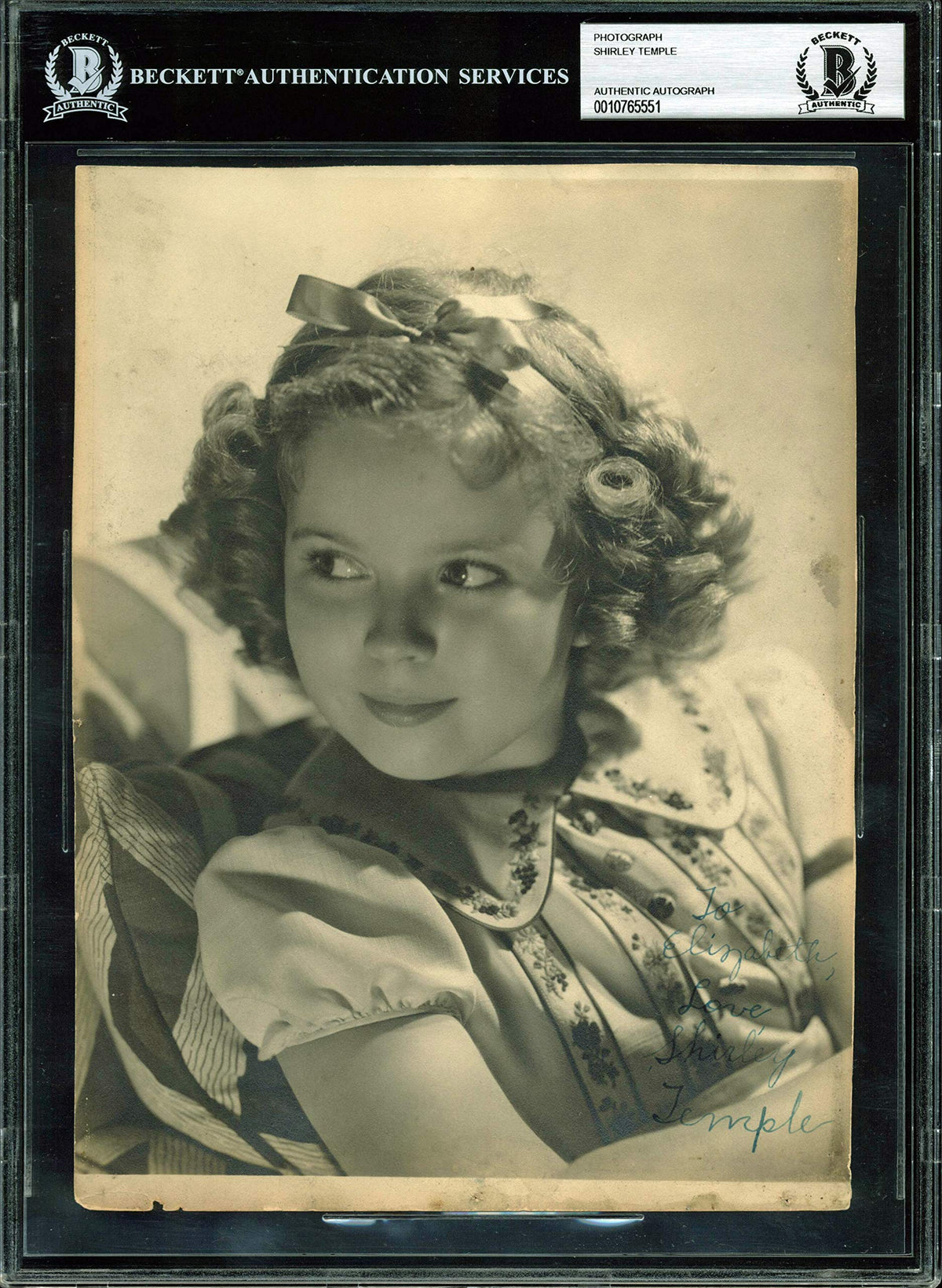 Shirley Temple "To Elizabeth, Love" Authentic Signed 7.25x9.25 Photo BAS Slabbed