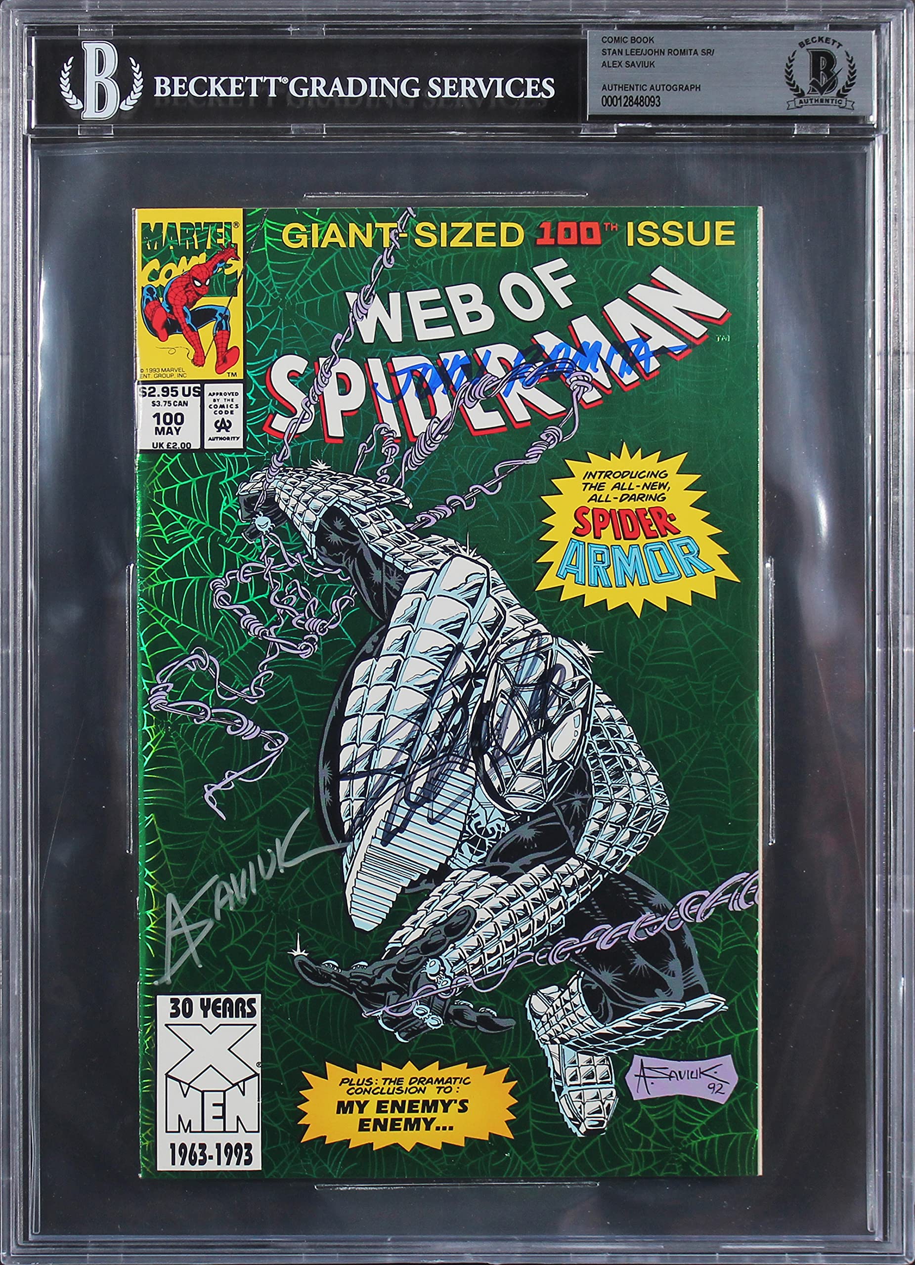 (3) Stan Lee, Romita Sr., & Saviuk Signed Web Of Spider-Man #100 Comic BAS Slab