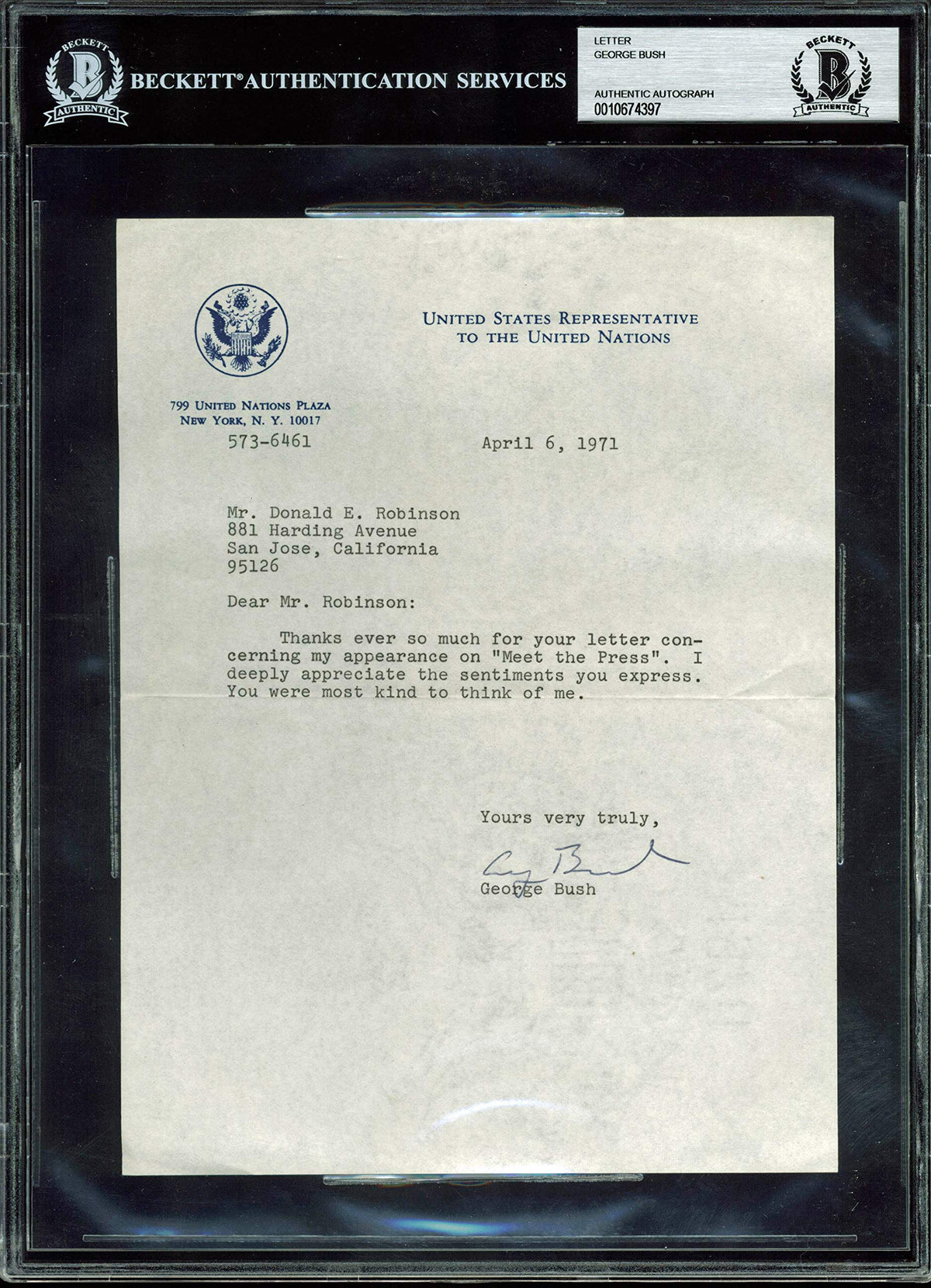 George H.W. Bush Signed 6.75x9 1971 Letter On UN Ambassador Letterhead BAS Slab