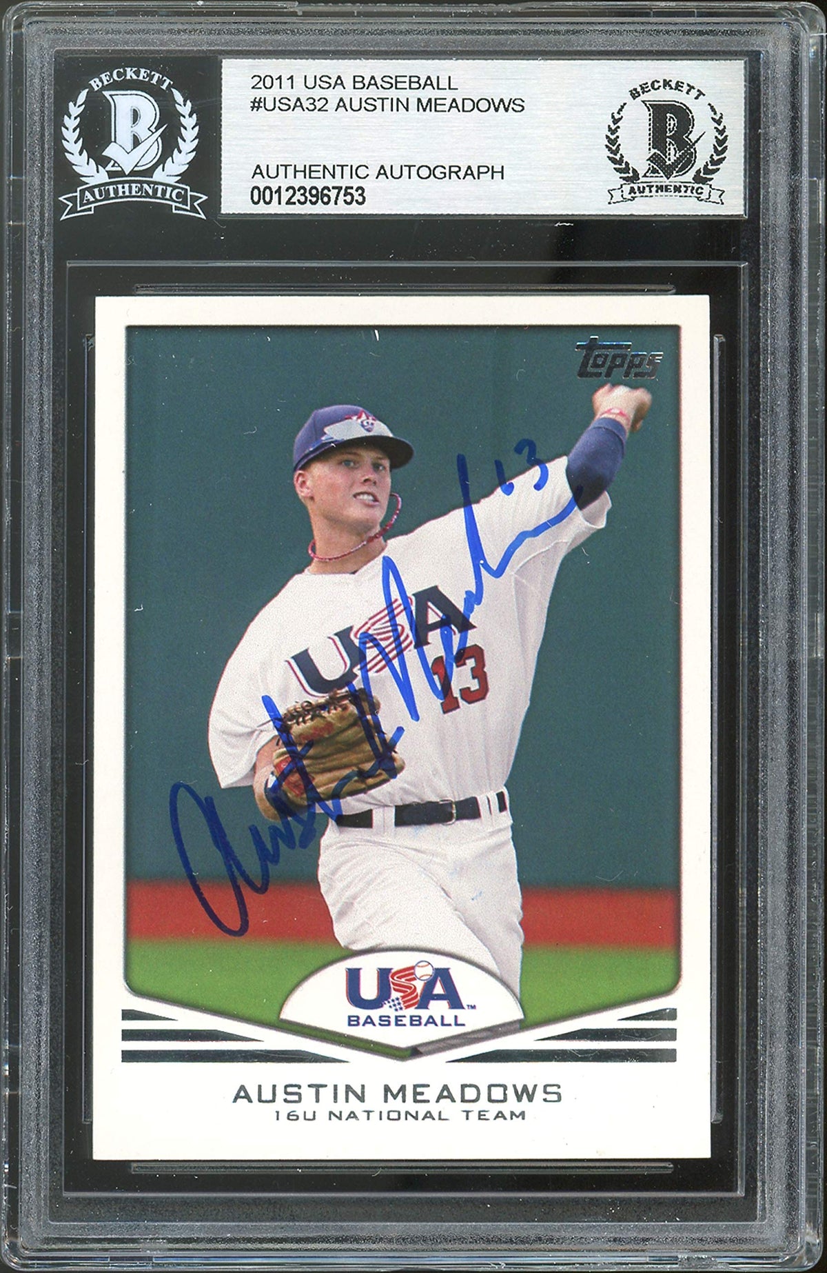 Rays Austin Meadows Authentic Signed 2011 USA Baseball #USA32 Card BAS Slabbed