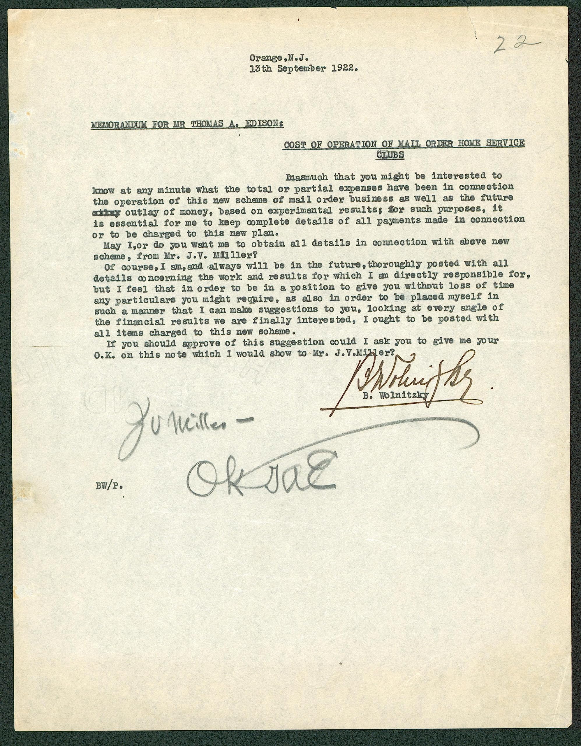 Thomas Edison "JV Miller - Ok" Authentic Signed 8.5x11 1922 Letter BAS #AB77872