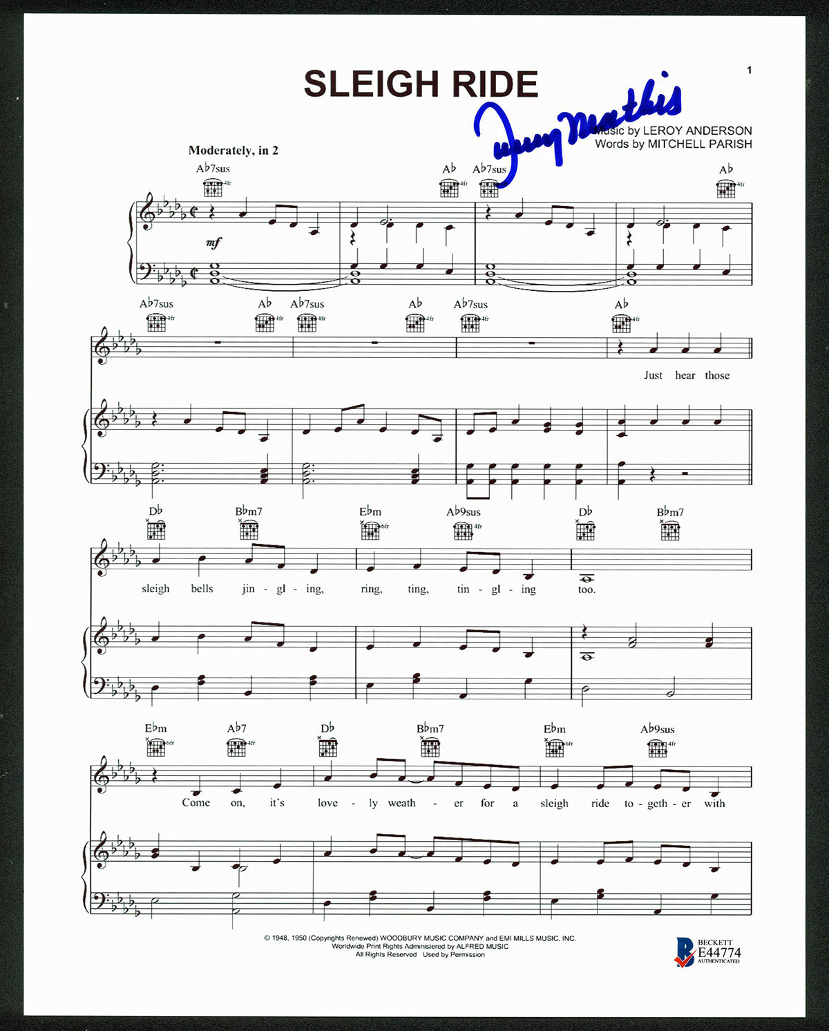 Johnny Mathis Authentic Signed Sleigh Ride 8.5x11  Music Sheet Photo BAS #E44774
