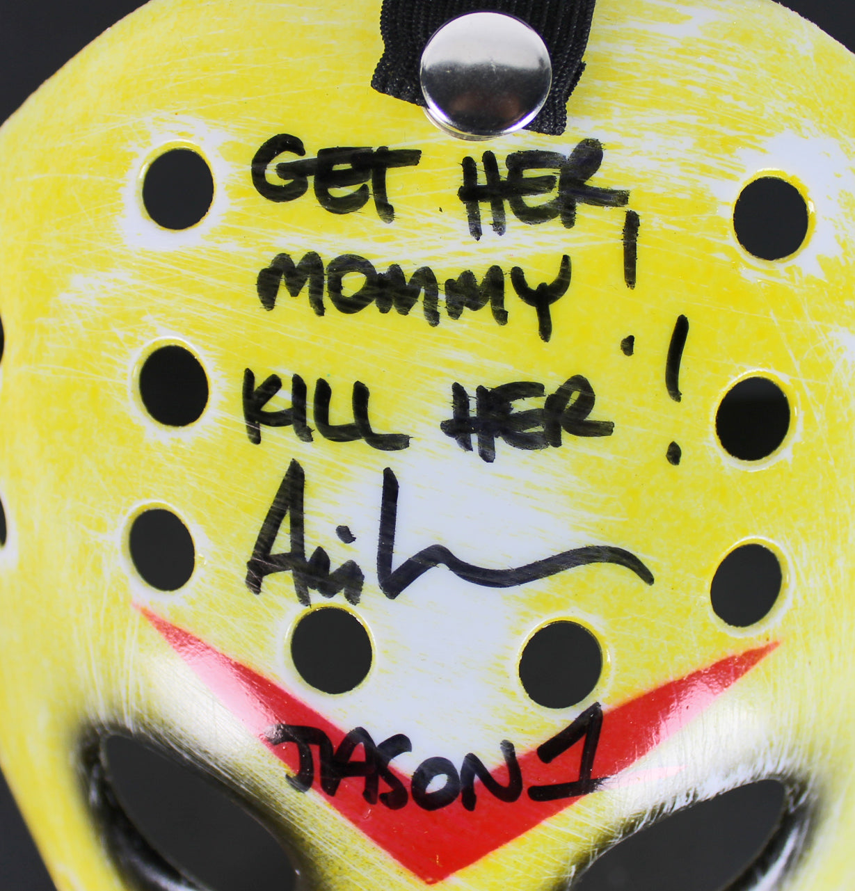 Ari Lehman Friday The 13th "Get Her Mommy! Kill Her!" Signed Yellow Mask BAS