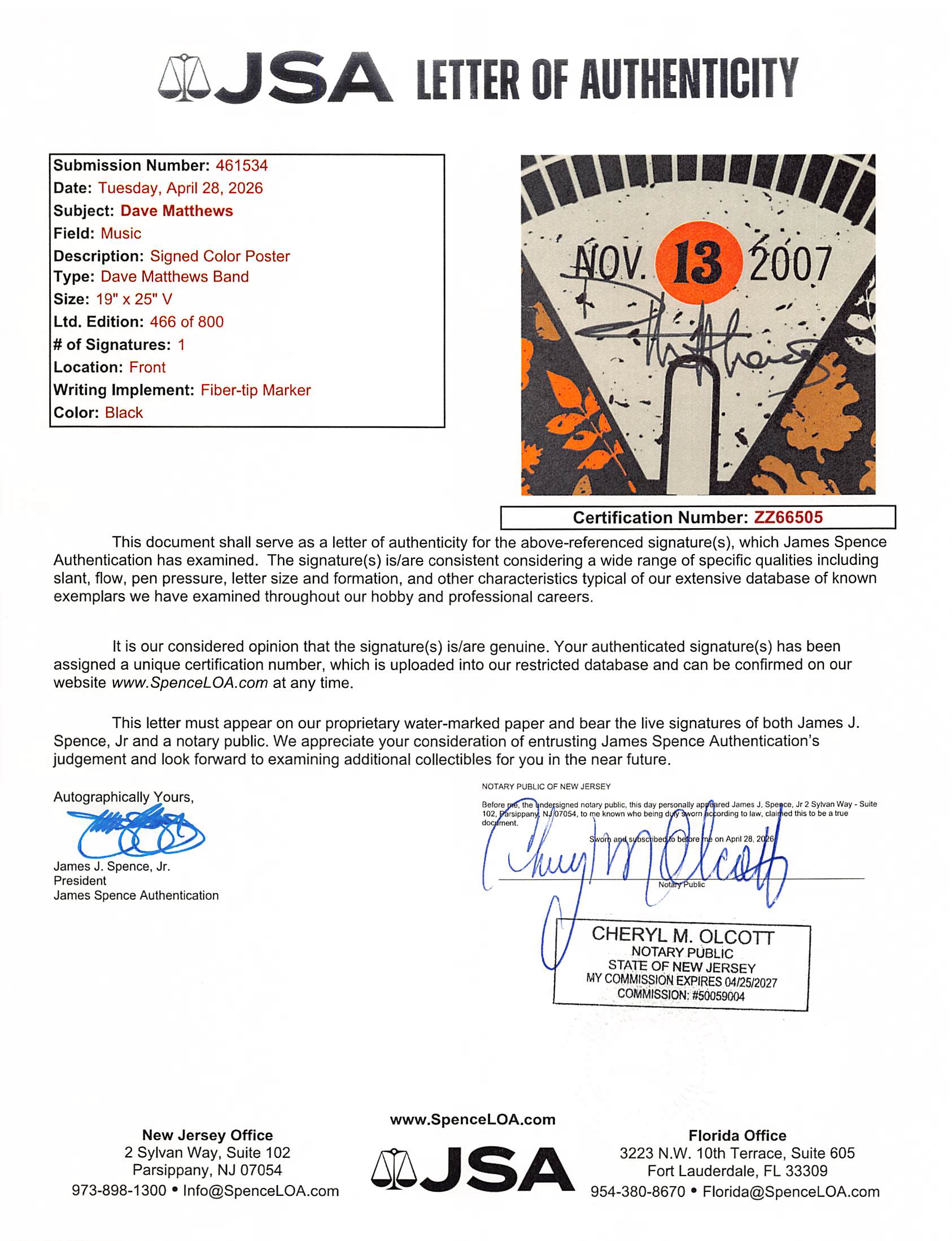 Dave Matthews DMB Signed 2007 Izod Center 19x25 Poster LE #466/800 JSA #ZZ66505