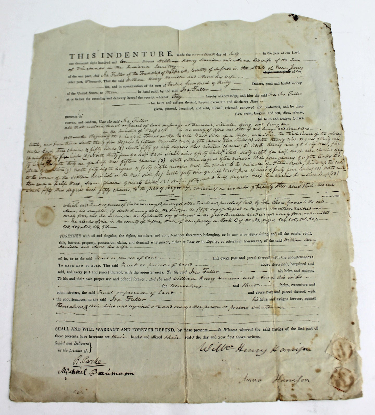 Anna & William Henry Harrison Signed 13.75x16.5 1810 Indenture Document BAS