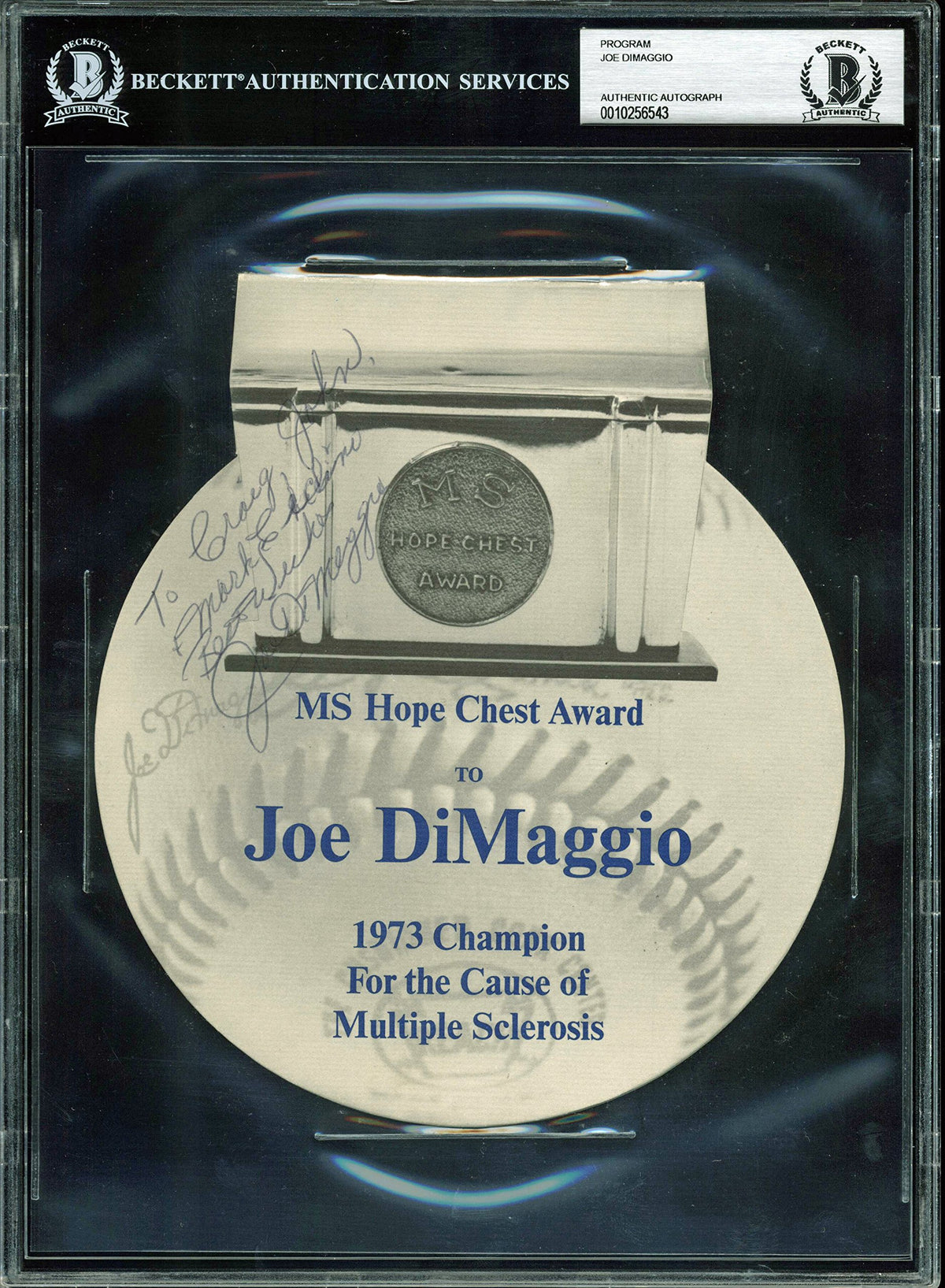 Yankees Joe DiMaggio Signed 7x8 1973 MS Hope Chest Award Program BAS Slabbed