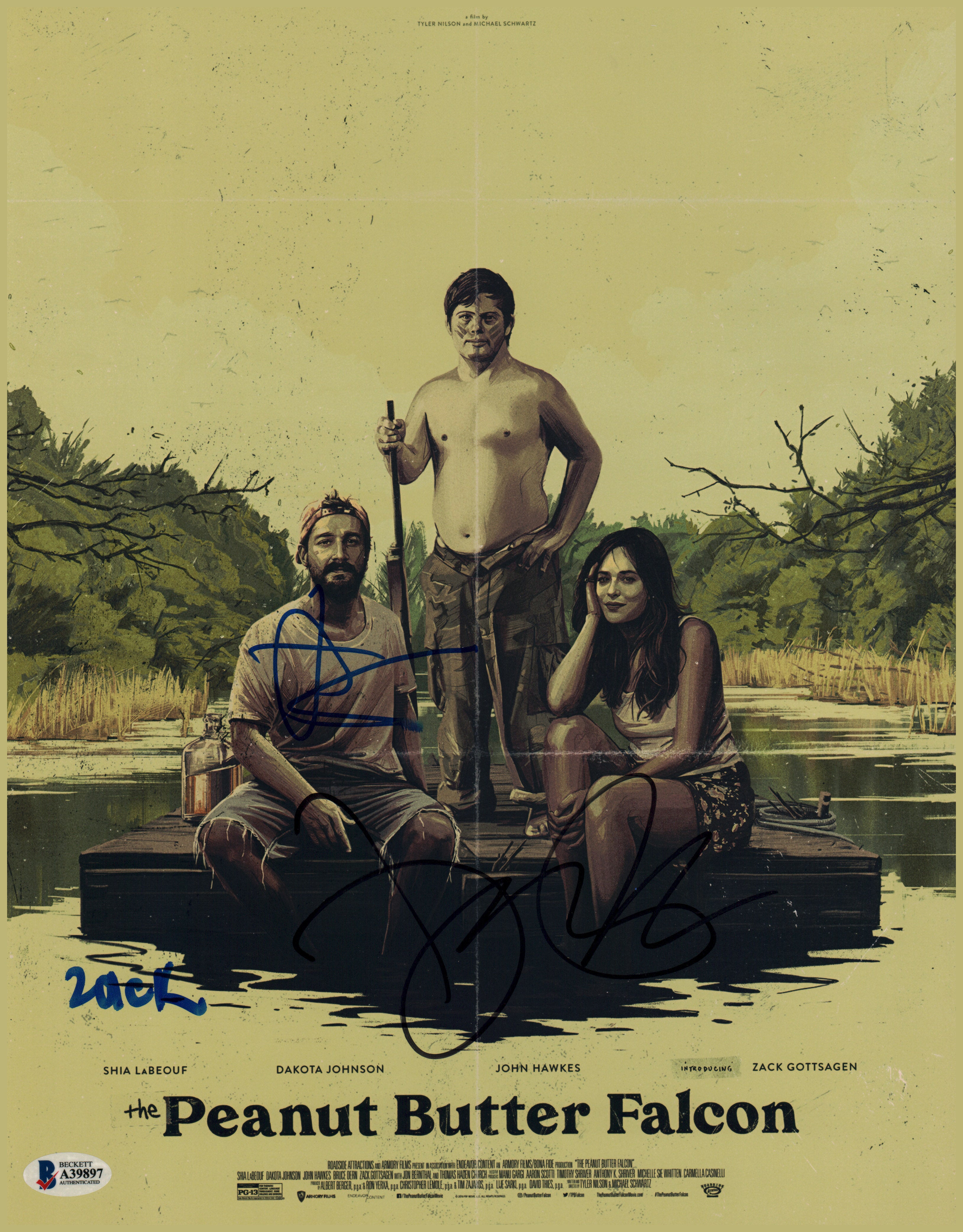 Peanut Butter Falcon (3) LaBeouf, Johnson & Gottsagen Signed 11x14 Photo BAS