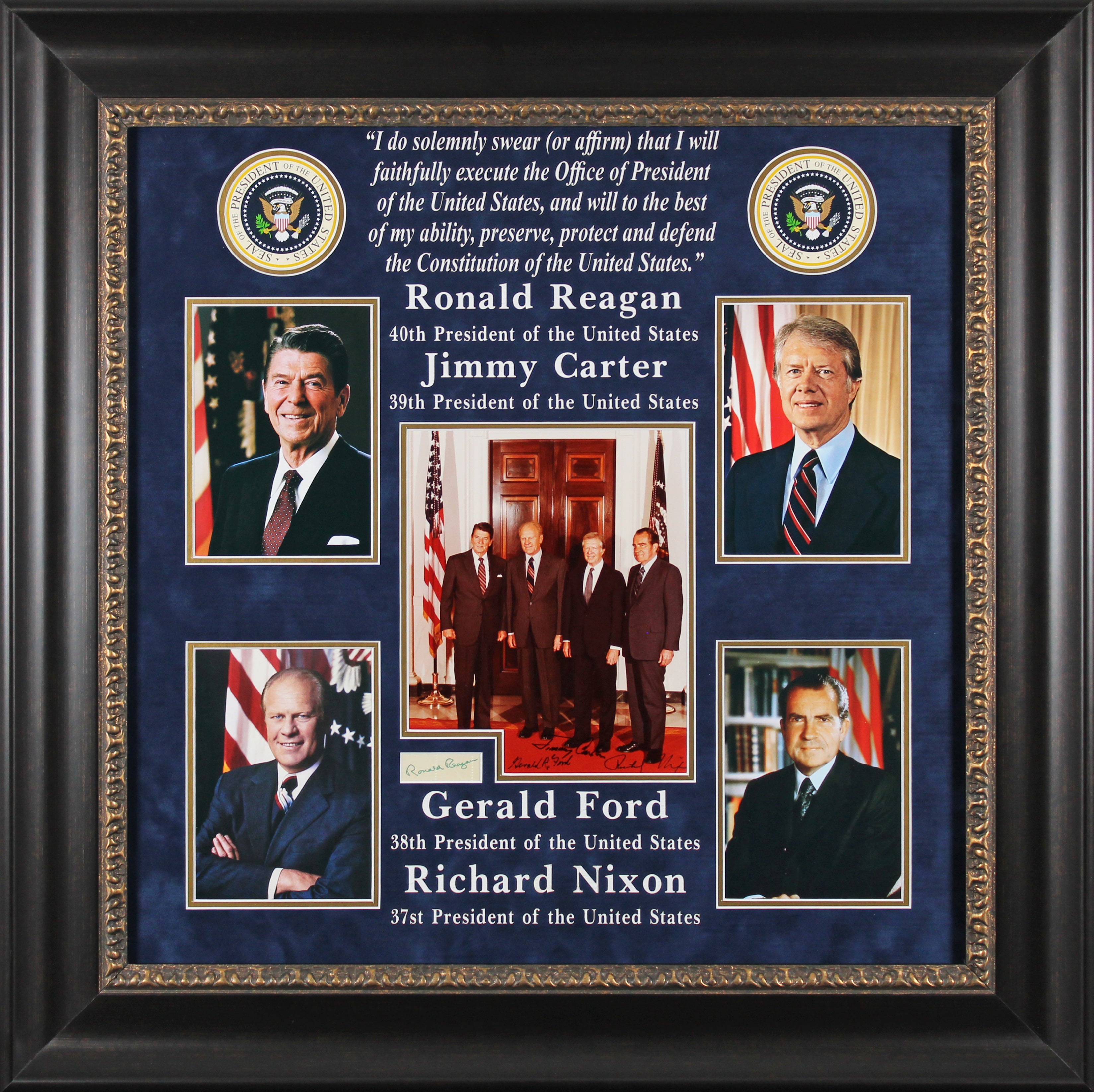 US Presidents (4) Reagan, Carter,  Ford & Nixon Signed Framed Display BAS