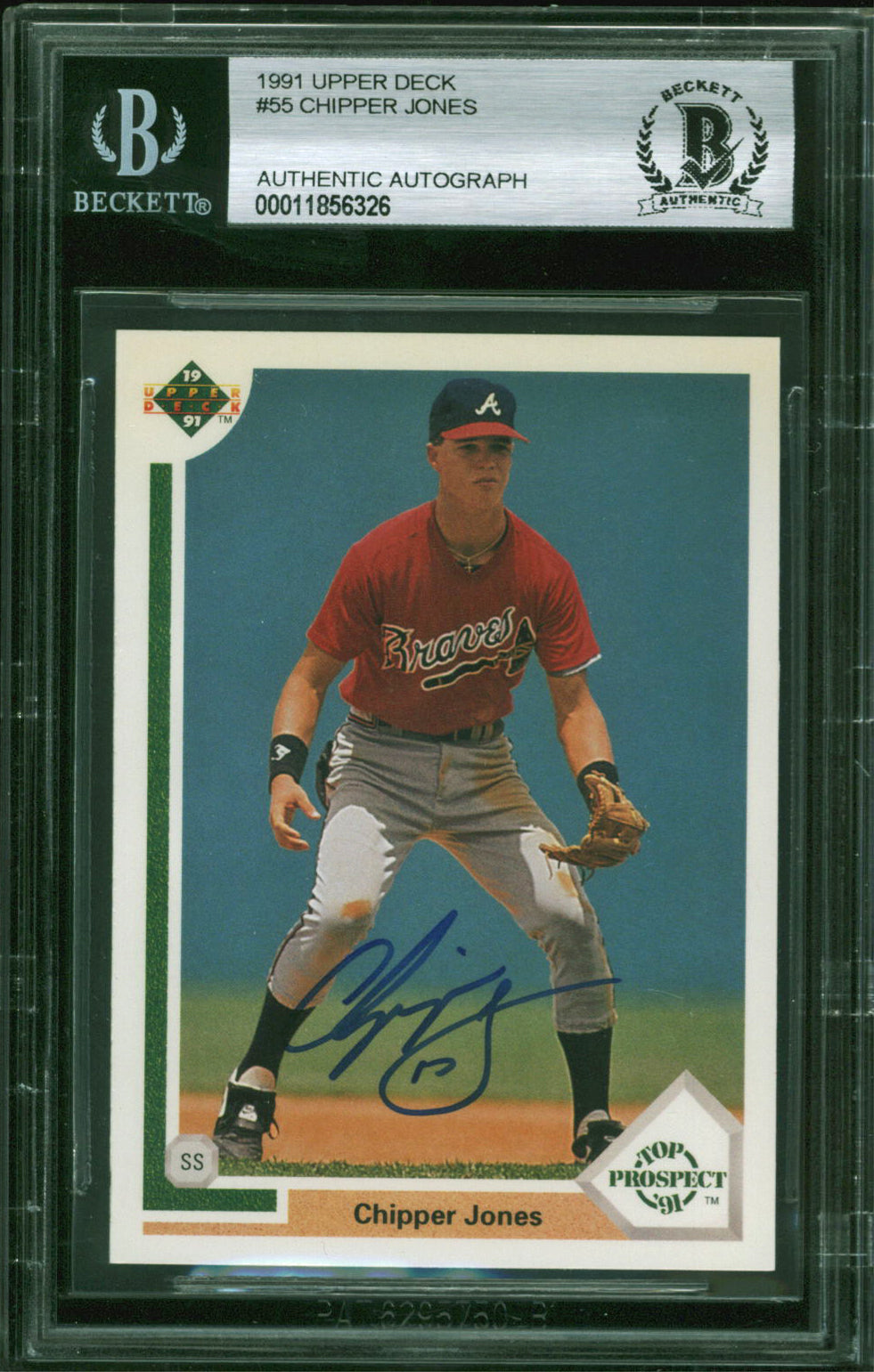 ** HOLIDAY DOORBUSTER ** Braves Chipper Jones Authentic Signed 1991 Upper Deck #55 RC Card BAS Slabbed