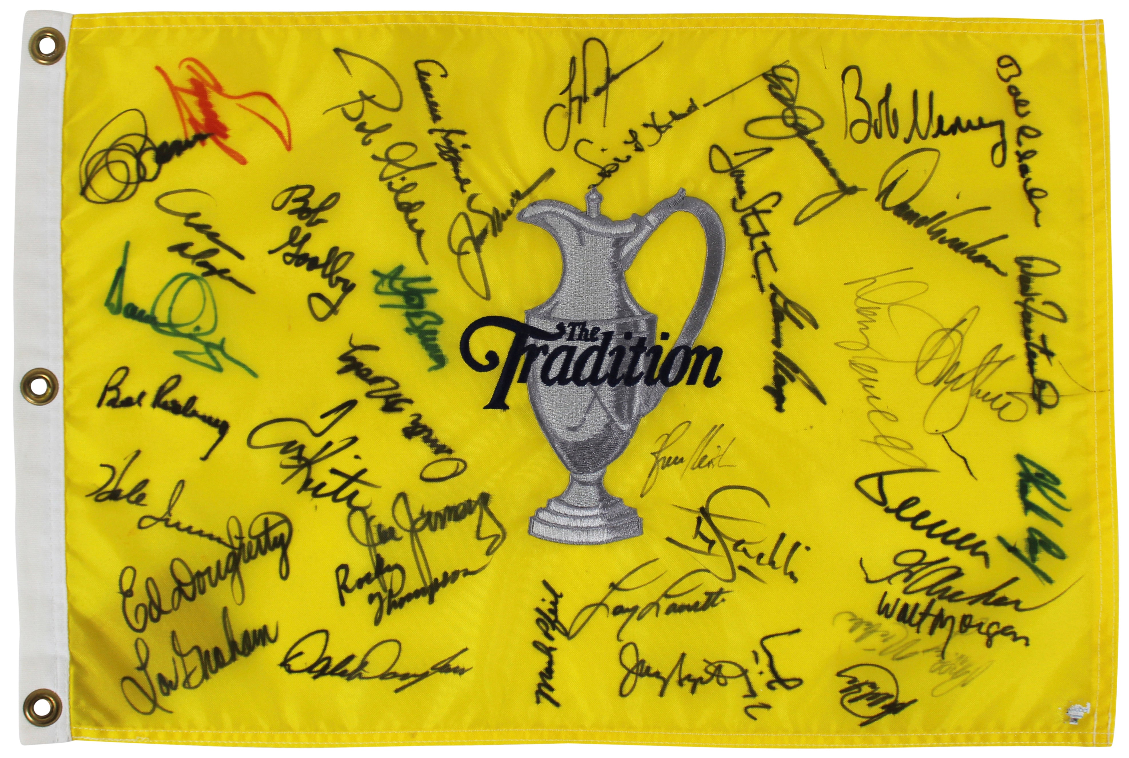 (39) Player, Irwin, Kite, Nicklaus, Authentic Signed Traditions Pin Flag BAS LOA