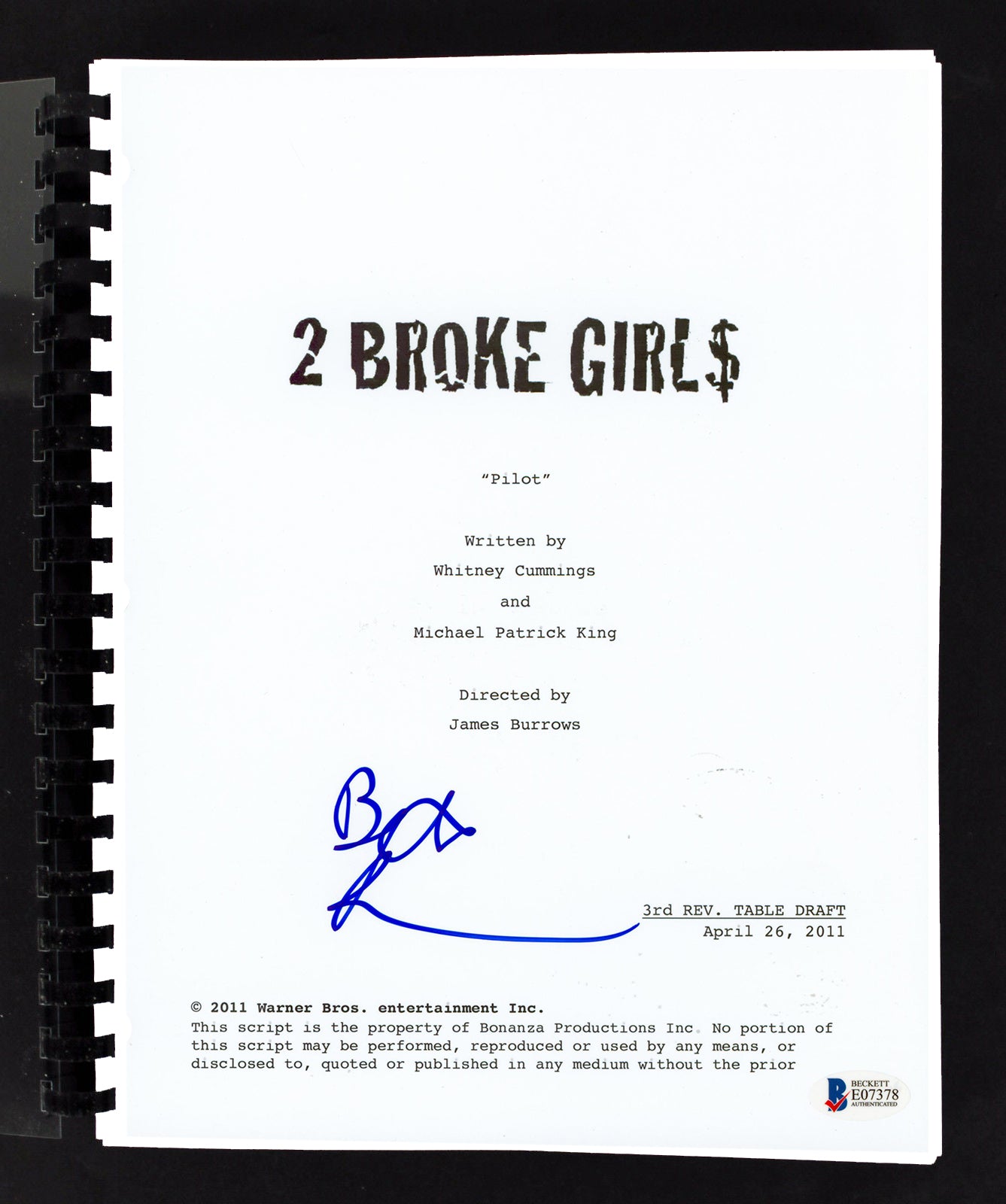 Beth Behrs Authentic Signed 2 Broke Girls Pilot Episode Tv Script BAS #E07378