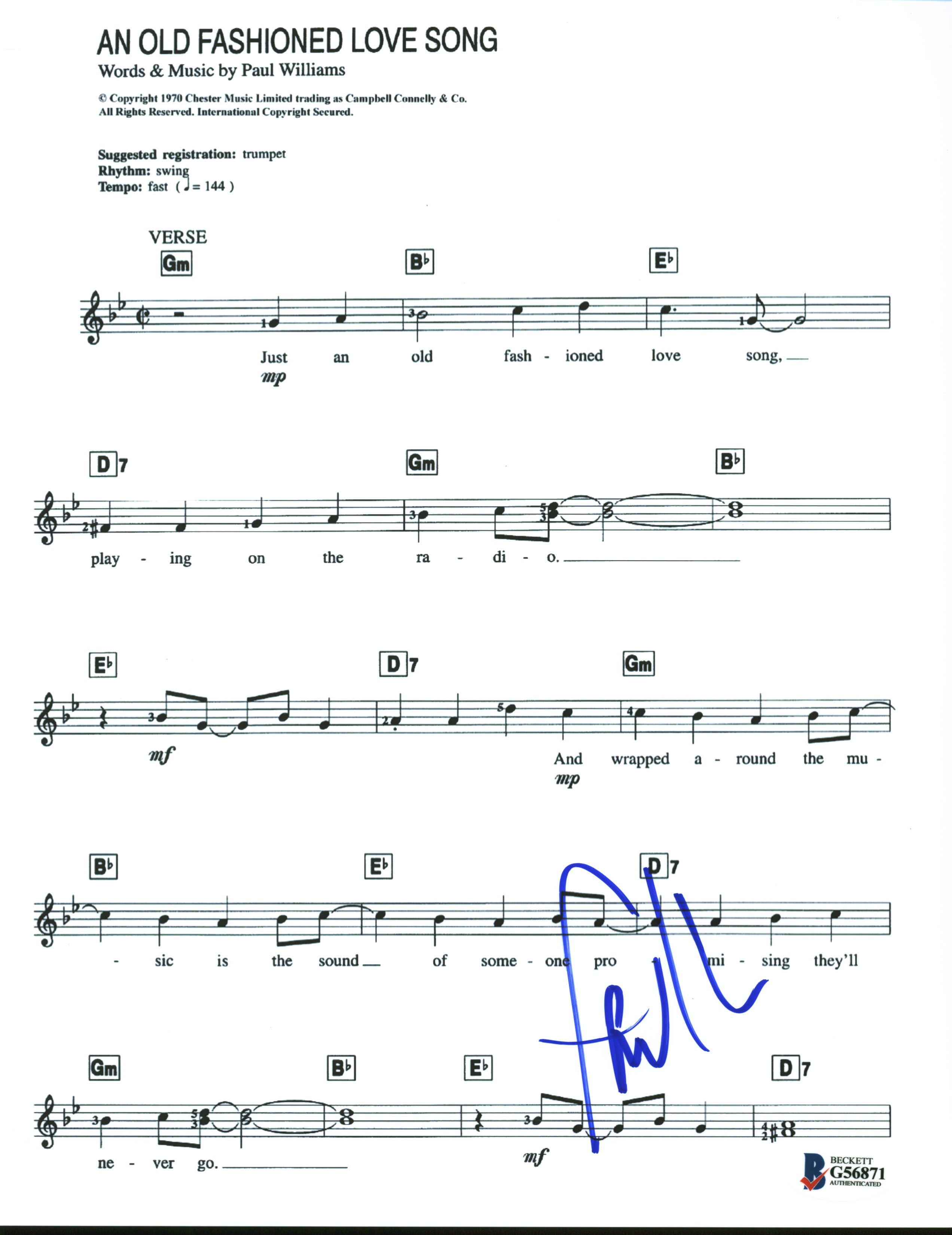 Paul Williams Authentic Signed 8.5x11 Music Sheet Photo Autographed BAS #G56871