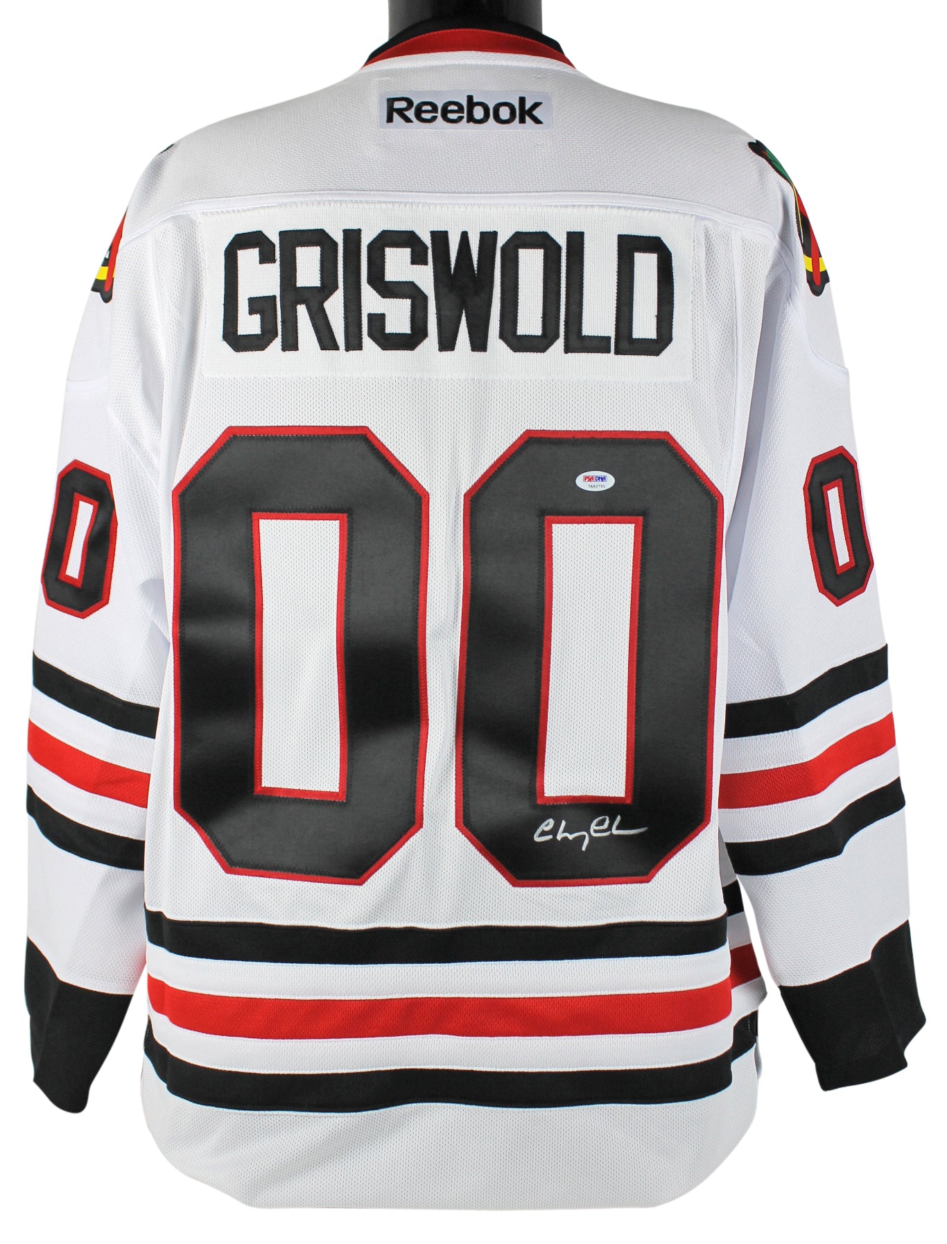 Chevy Chase Christmas Vacation Signed White Reebok Blackhawks Jersey PSA/DNA Itp