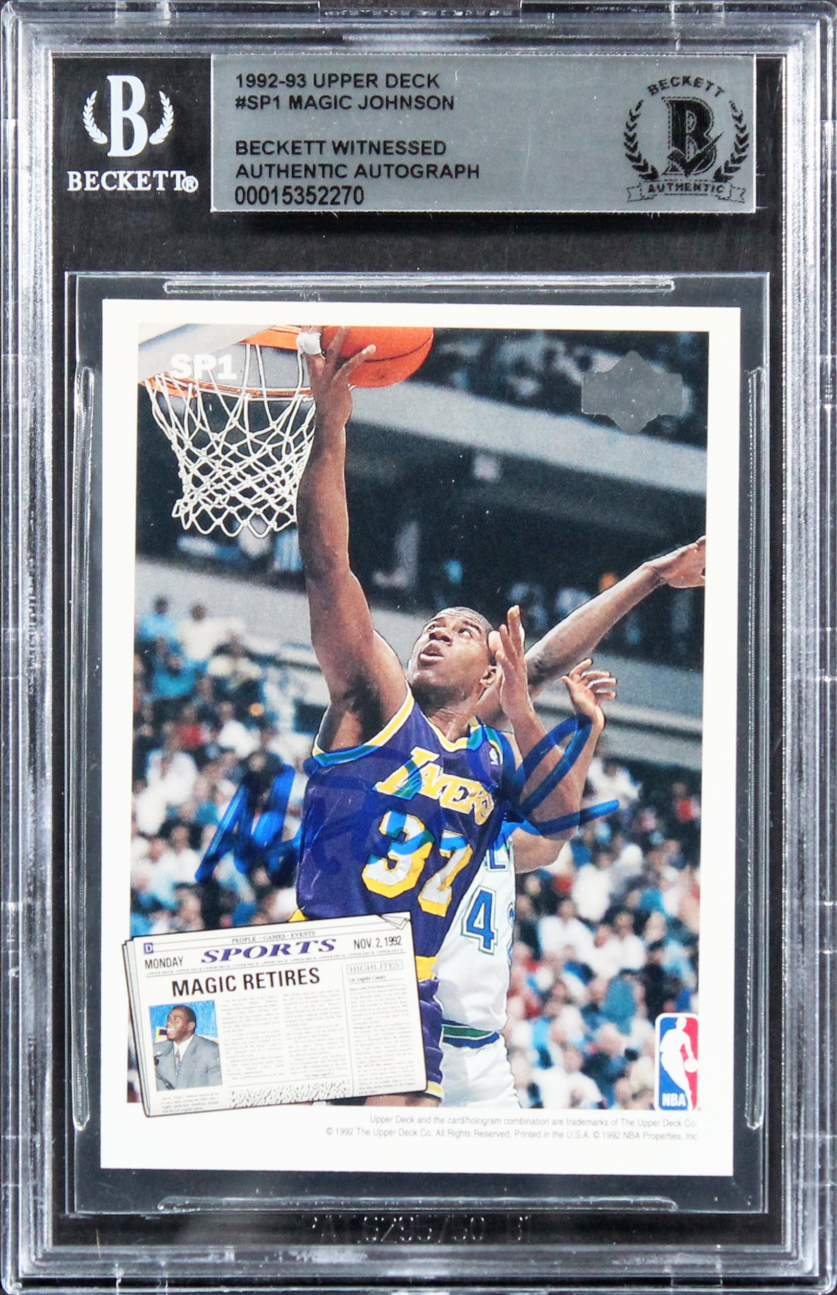 Lakers Magic Johnson Authentic Signed 1992 Upper Deck #SP1 Card BAS Slabbed