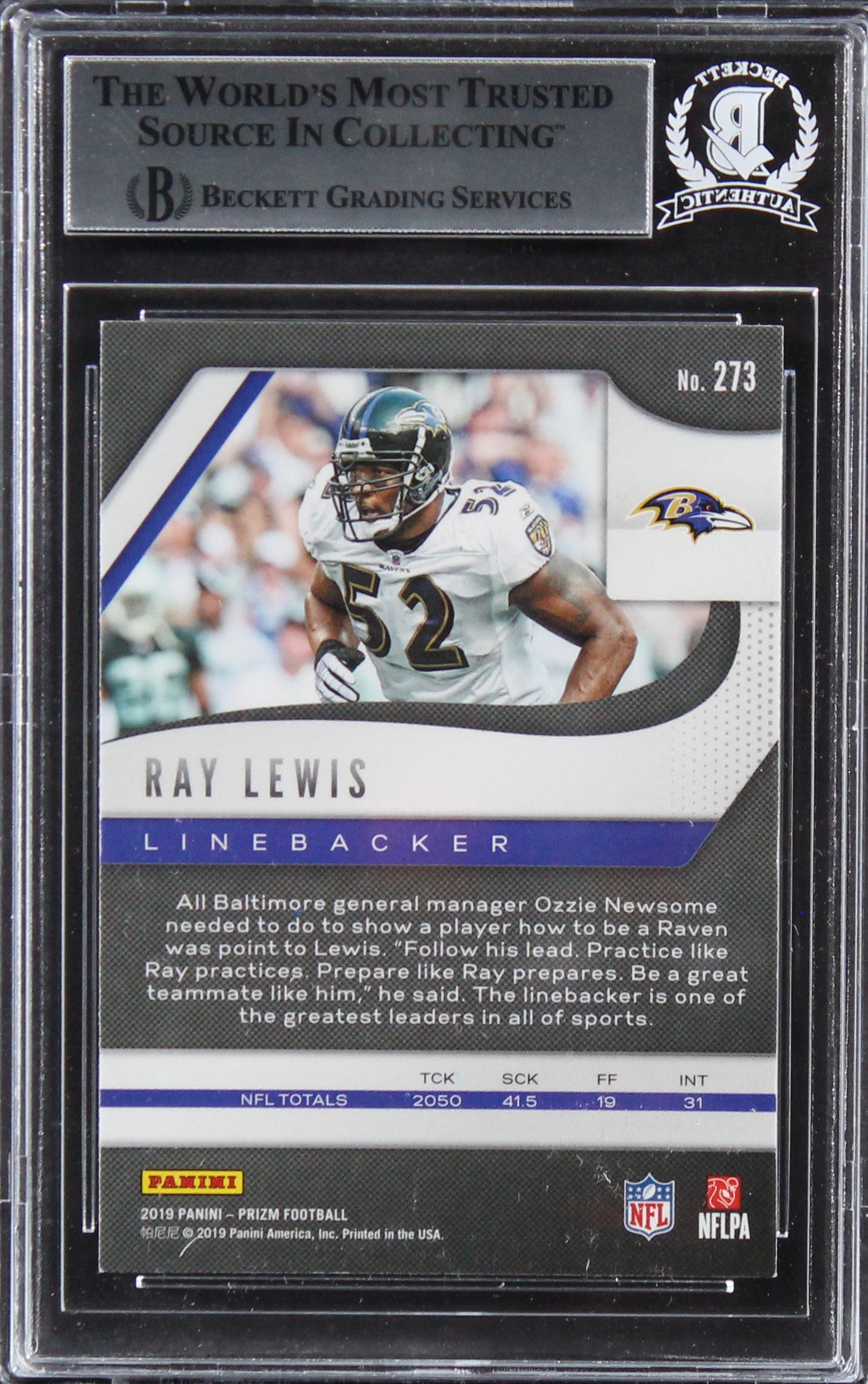 Ravens Ray Lewis Authentic Signed 2019 Panini Prizm #273 Card BAS Slabbed