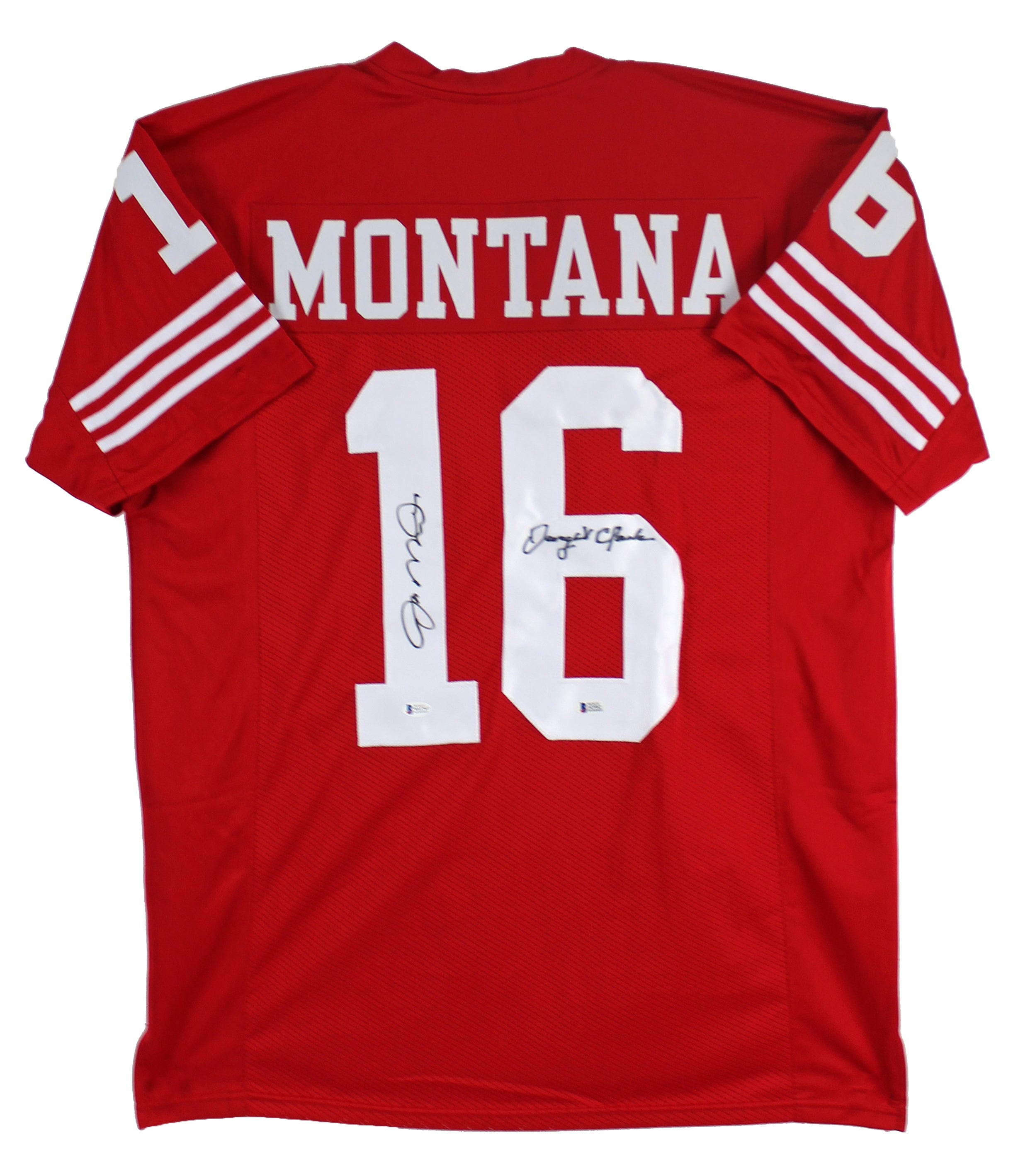 49ers Joe Montana & Dwight Clark Authentic Signed Red Jersey BAS Witnessed