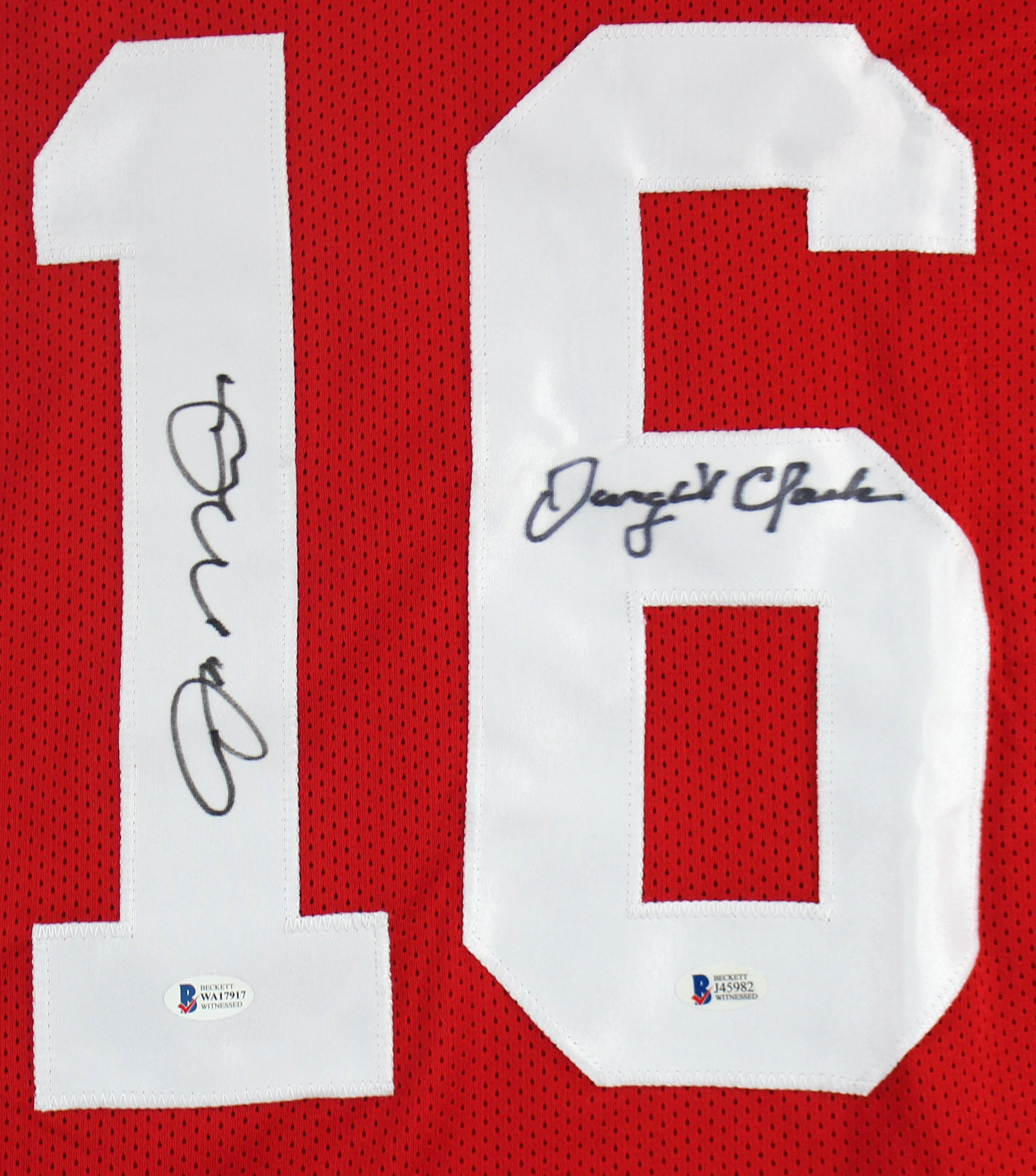 49ers Joe Montana & Dwight Clark Authentic Signed Red Jersey BAS Witnessed