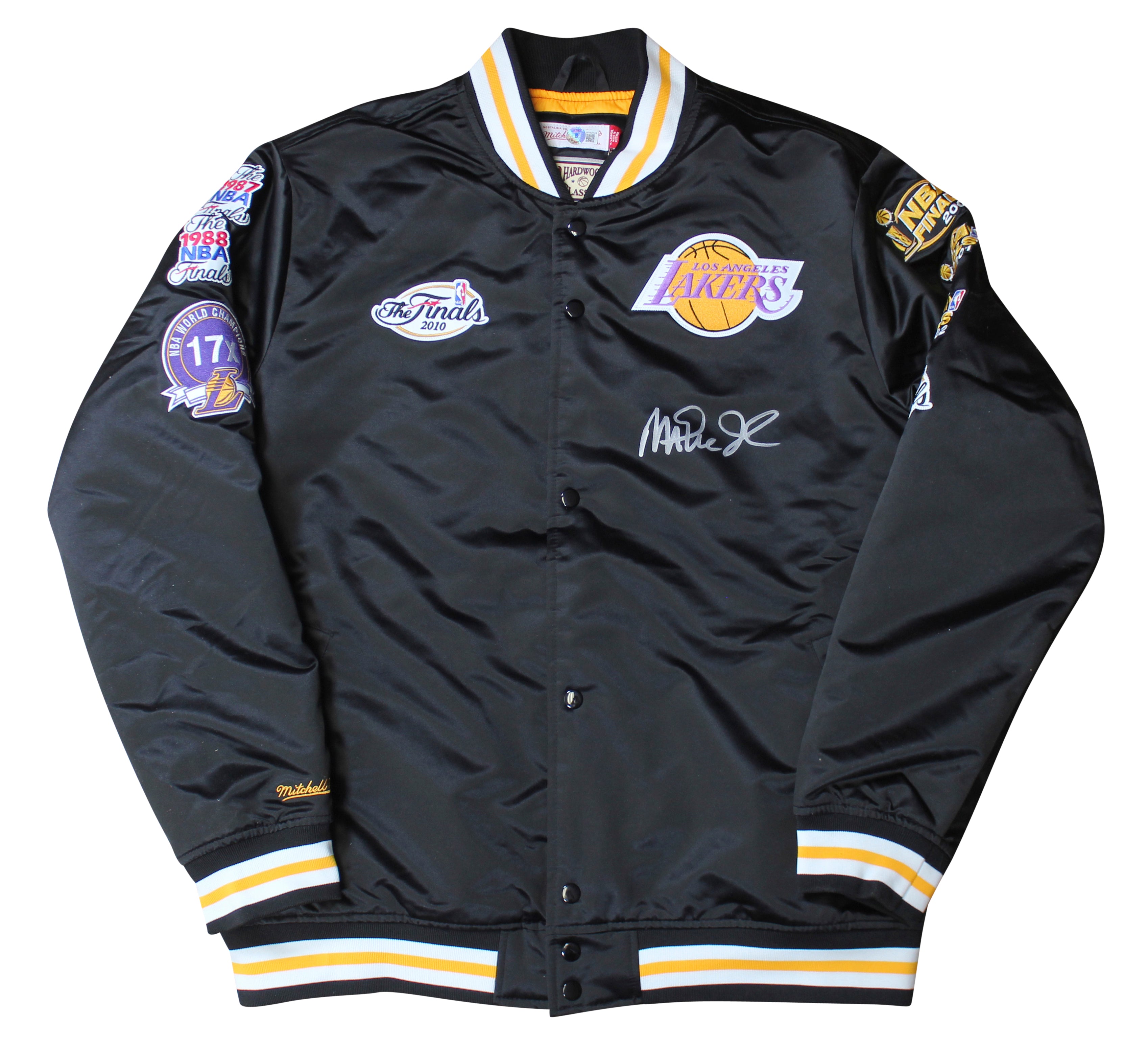 Lakers Magic Johnson Signed Black M&N HWC Bomber Jacket w/ Patches BAS Witnessed