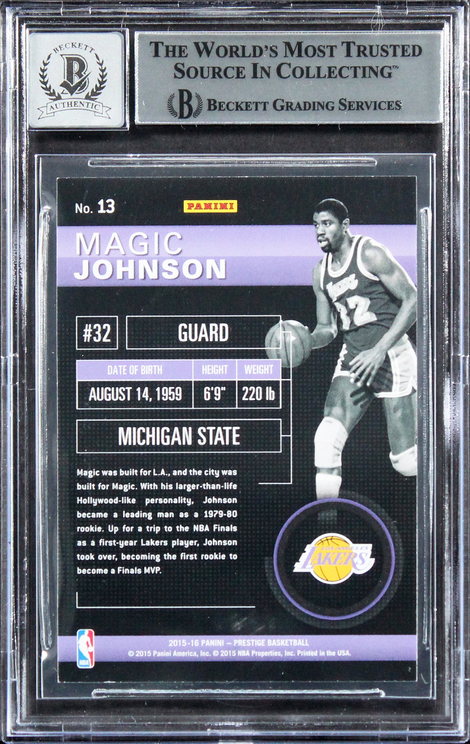 Magic Johnson Signed 2015 Prestige BB #13 Card Auto Graded 10! BAS Slabbed