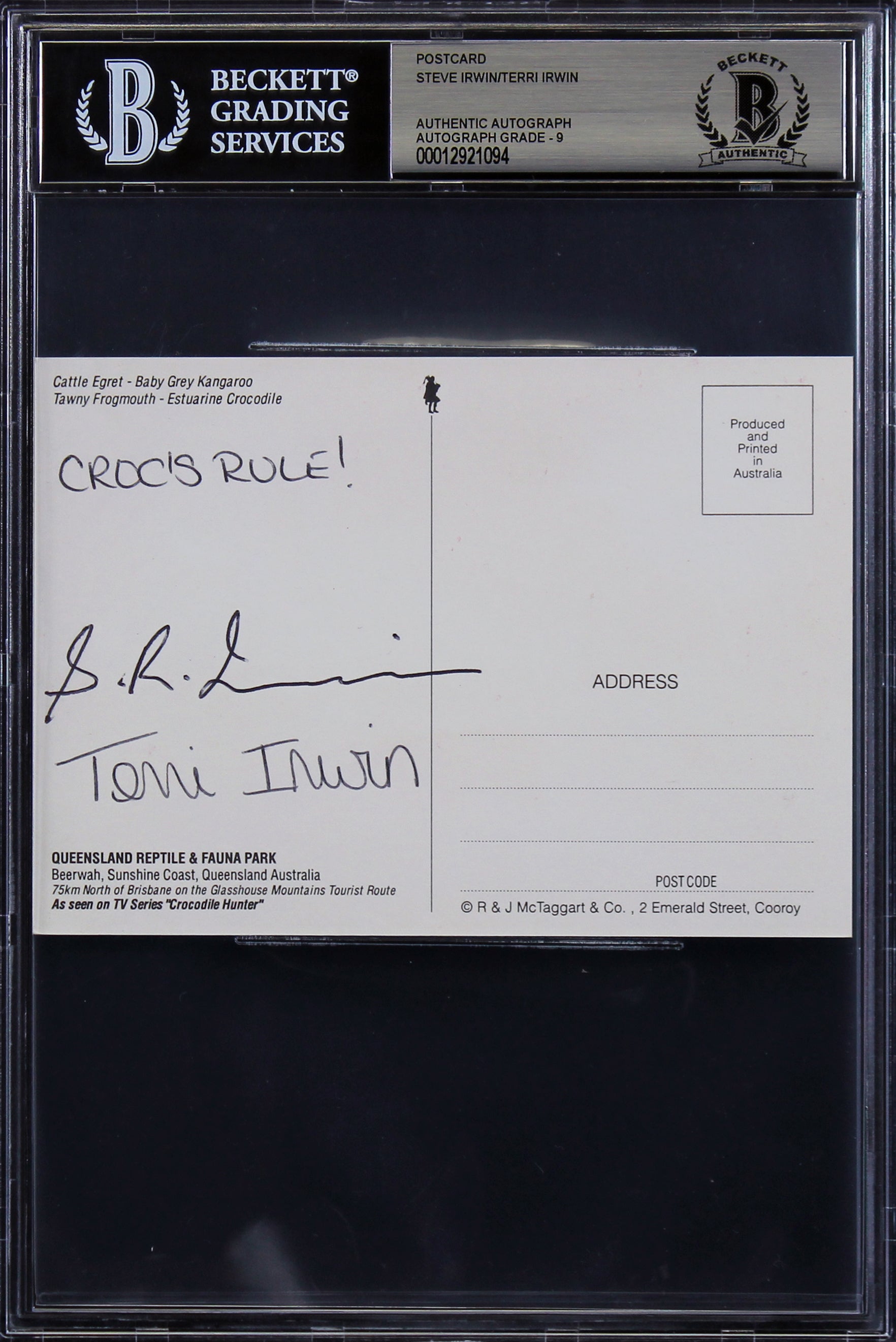Steve Irwin & Terri Irwin Authentic Signed 4x5.5 Postcard Auto 9! BAS Slabbed